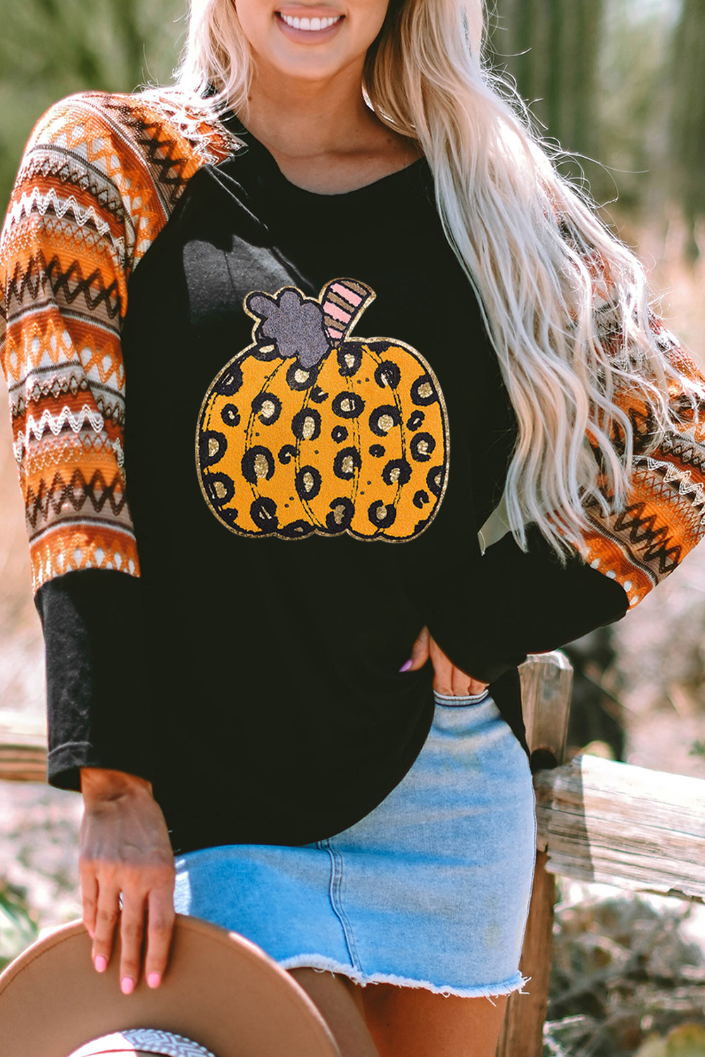 Orange Leopard Pumpkin Patched Contrast Long Sleeve Top - loveforevers