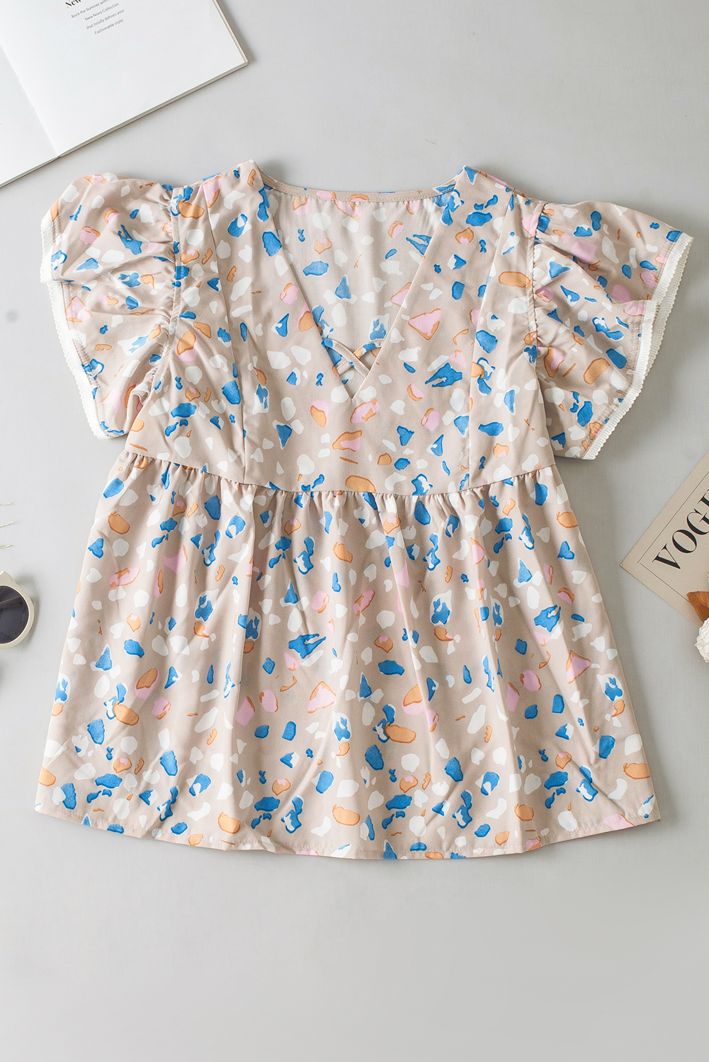 Khaki Crisscross V Neck Ruffle Sleeve Printed Flowy Blouse - loveforevers