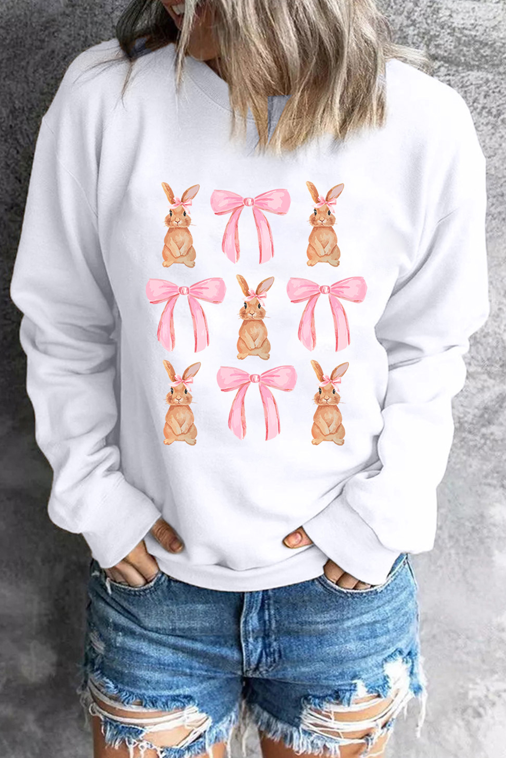 White Easter Bunny Bow Print Round Neck Pullover Sweatshirt - loveforevers