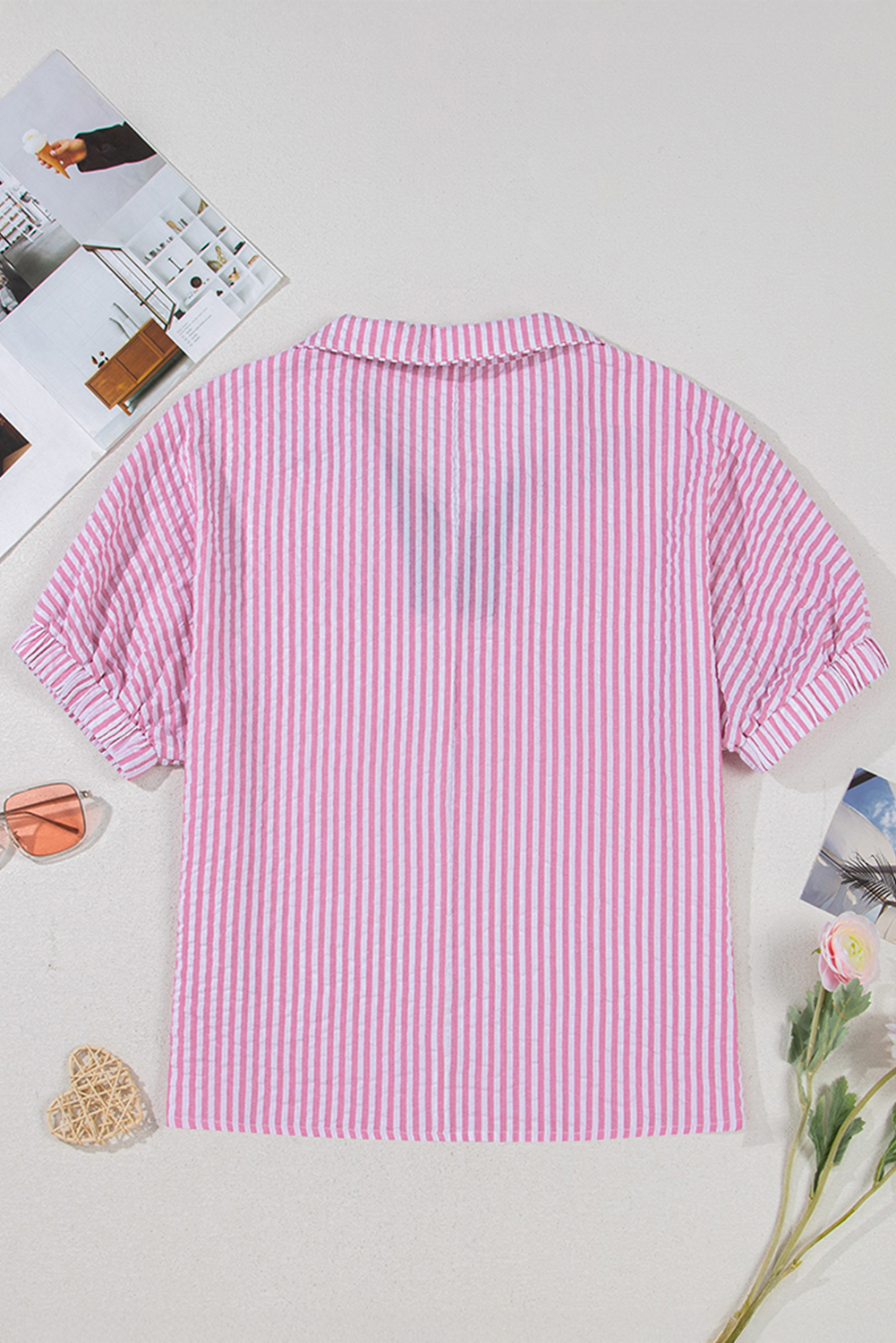 Sachet Pink Striped Print Contrast Split Neck Dolman Sleeve Blouse - loveforevers