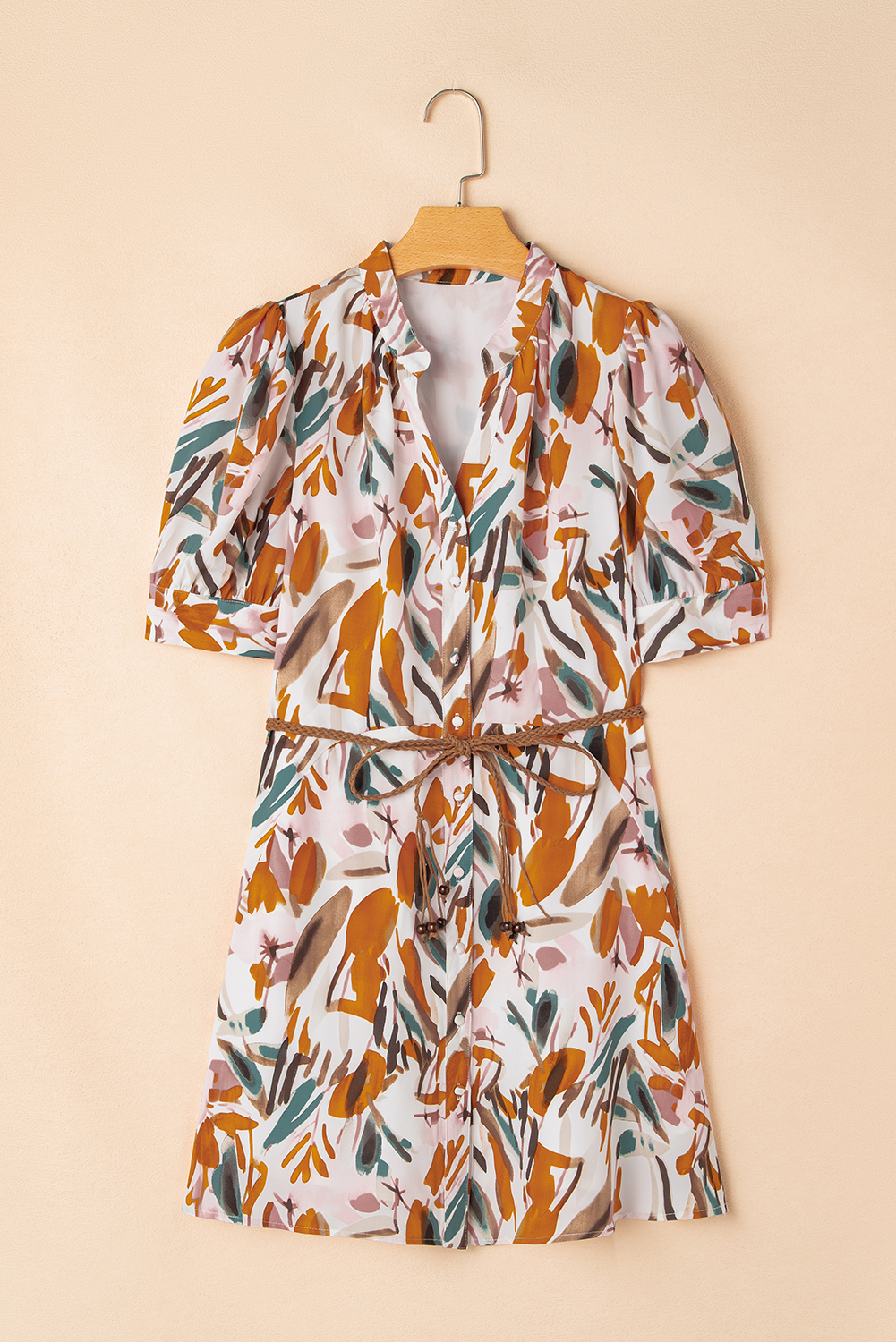 Brown Abstract Printed Puff Sleeve Button Up Braided Belt Mini Dress - loveforevers