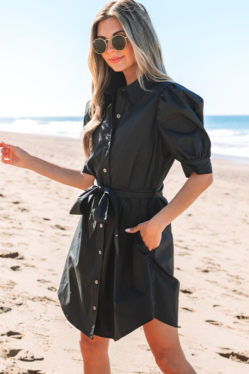 Black Button Up Tie Waist Puff Sleeve Mini Dress - loveforevers