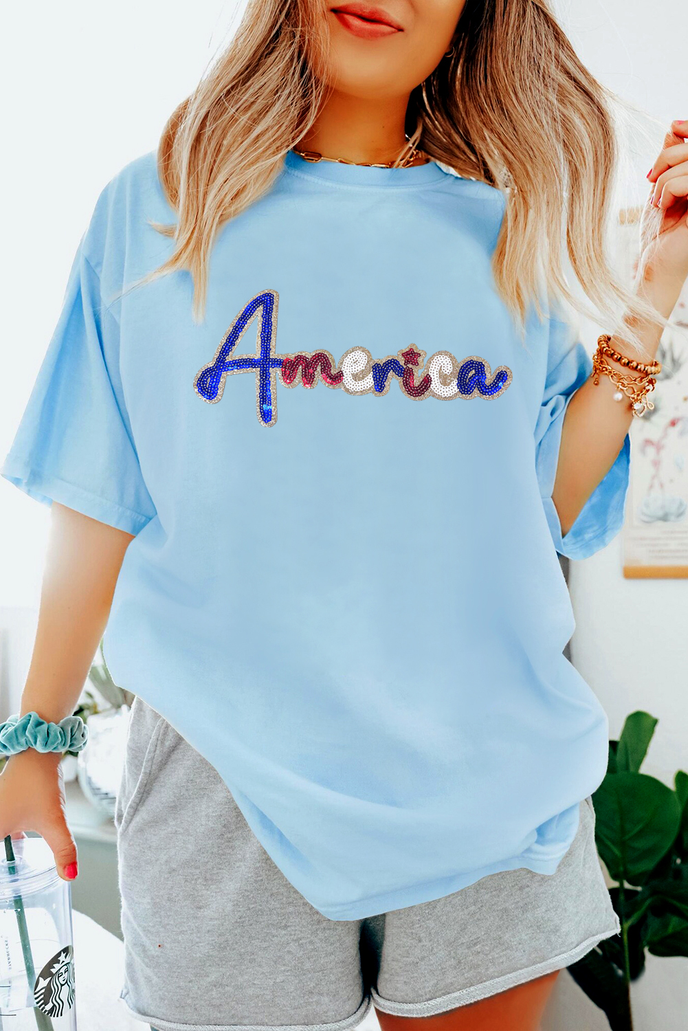 Light Blue Sequin America Graphic Crewneck Patriotic T Shirt - loveforevers