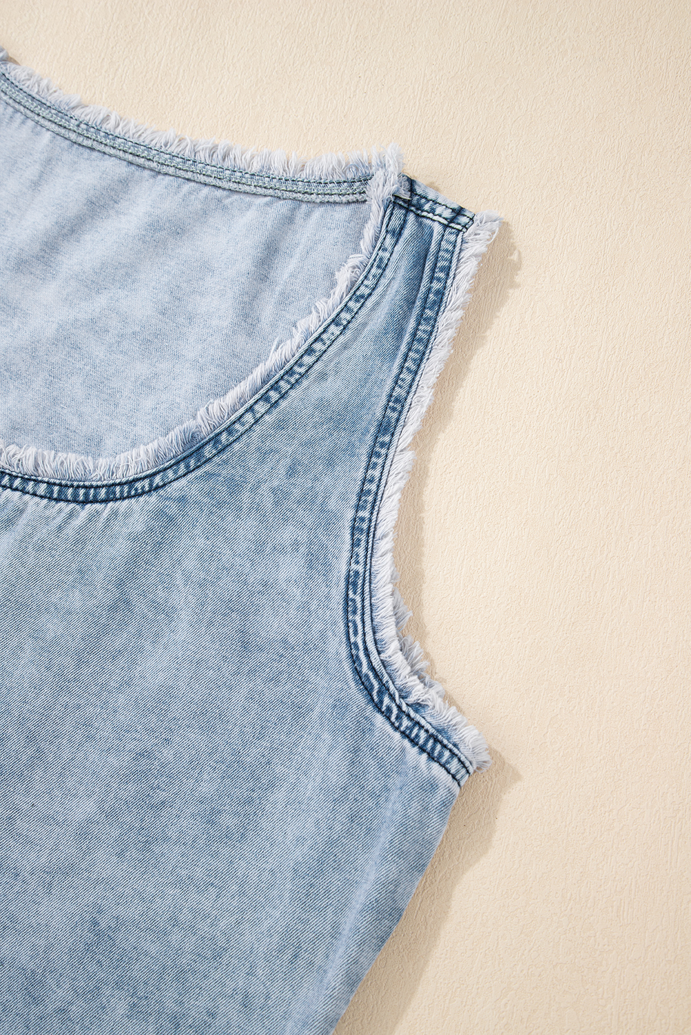 Beau Blue Mineral Wash Denim Frayed U Neck Sleeveless Top - loveforevers