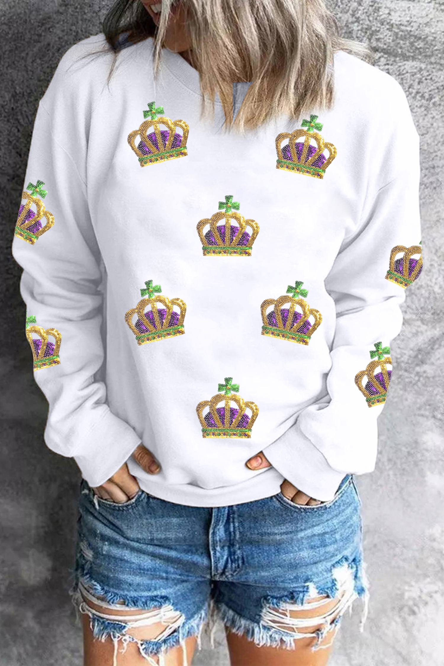 White Sequin Mardi Gras Crown Dropped Shoulder Sweatshirt - loveforevers