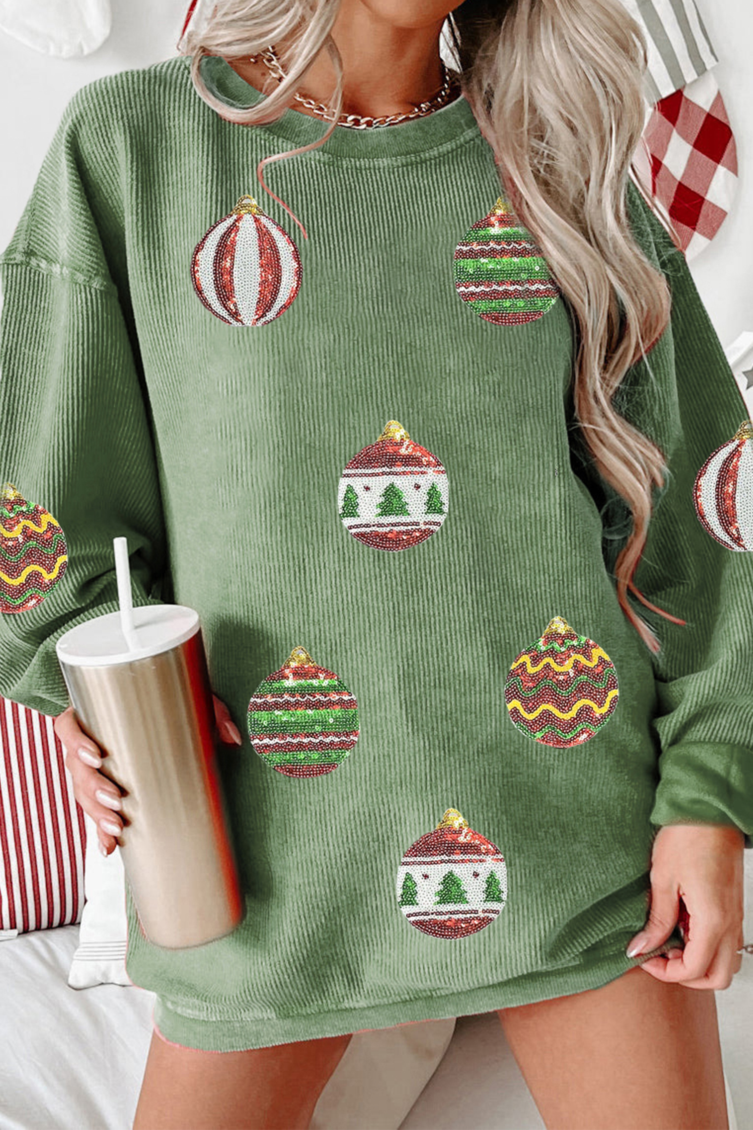 Grass Green Corded Rib Sequin Patched Christmas Ornament Bulb Graphic Sweatshirt - loveforevers