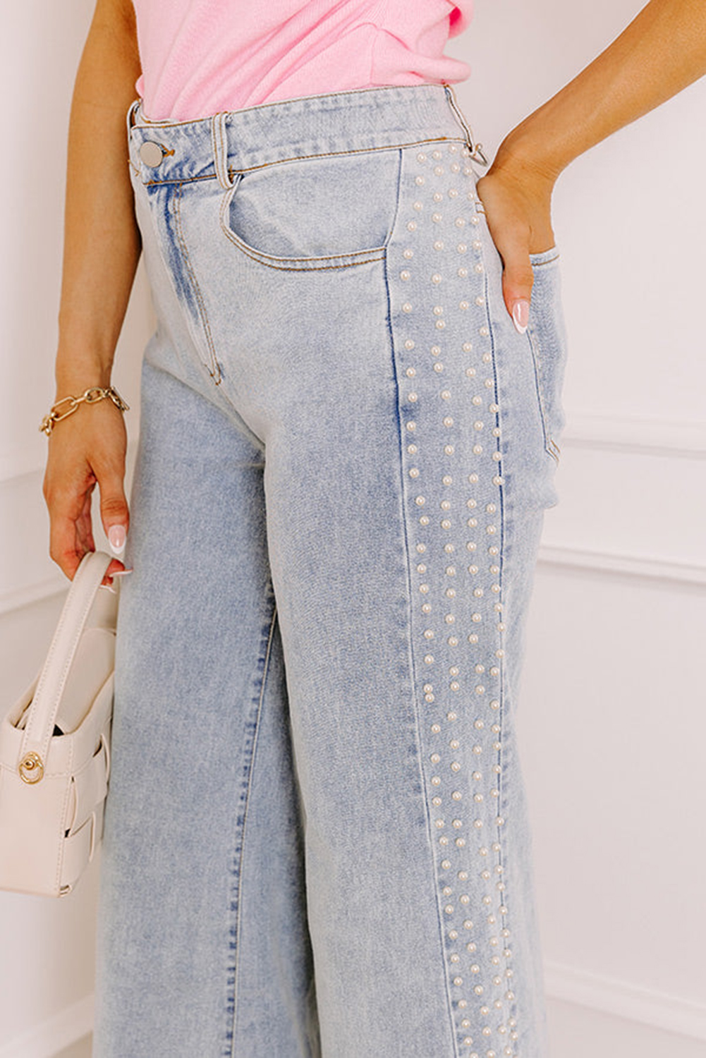Beau Blue Mid Rise Pearl Embellished Split Wide Leg Jeans - loveforevers