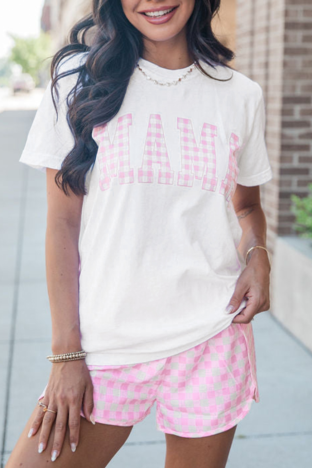 White MAMA Printed Tee and Plaid Shorts Lounge Set - loveforevers