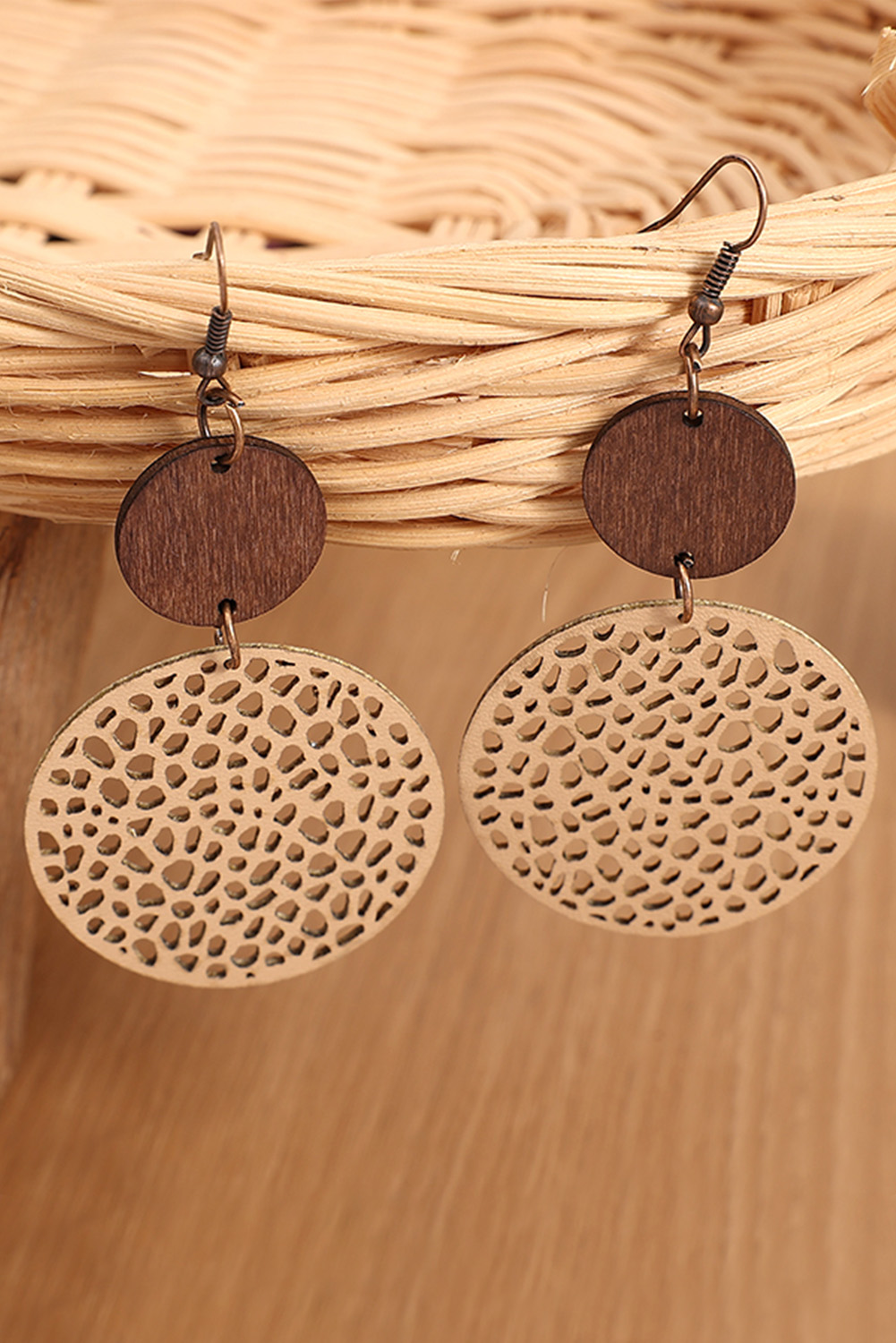 Khaki Hollow Out Wooden Round Drop Earrings - loveforevers