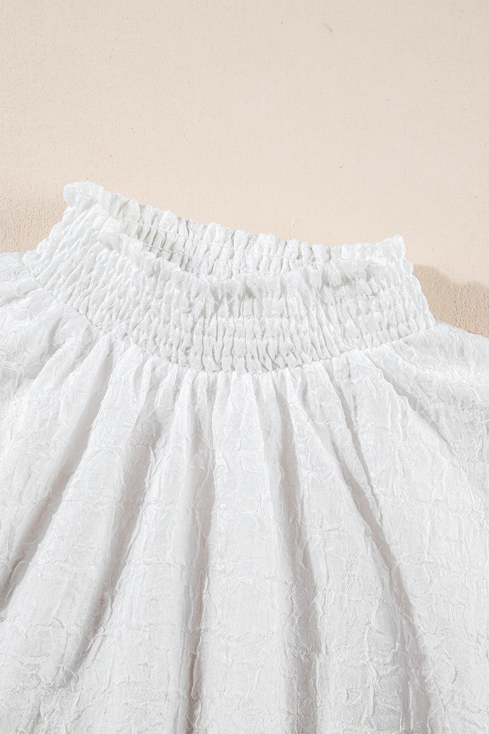 White Smocked Collar Sequin Flower Puff Sleeve Textured Top - loveforevers