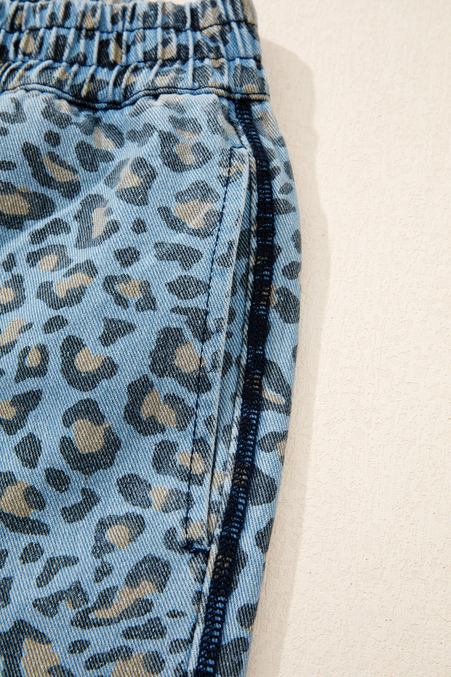 Blue Leopard Print Exposed Seam Detail Wide Leg Drawstring Jeans - loveforevers