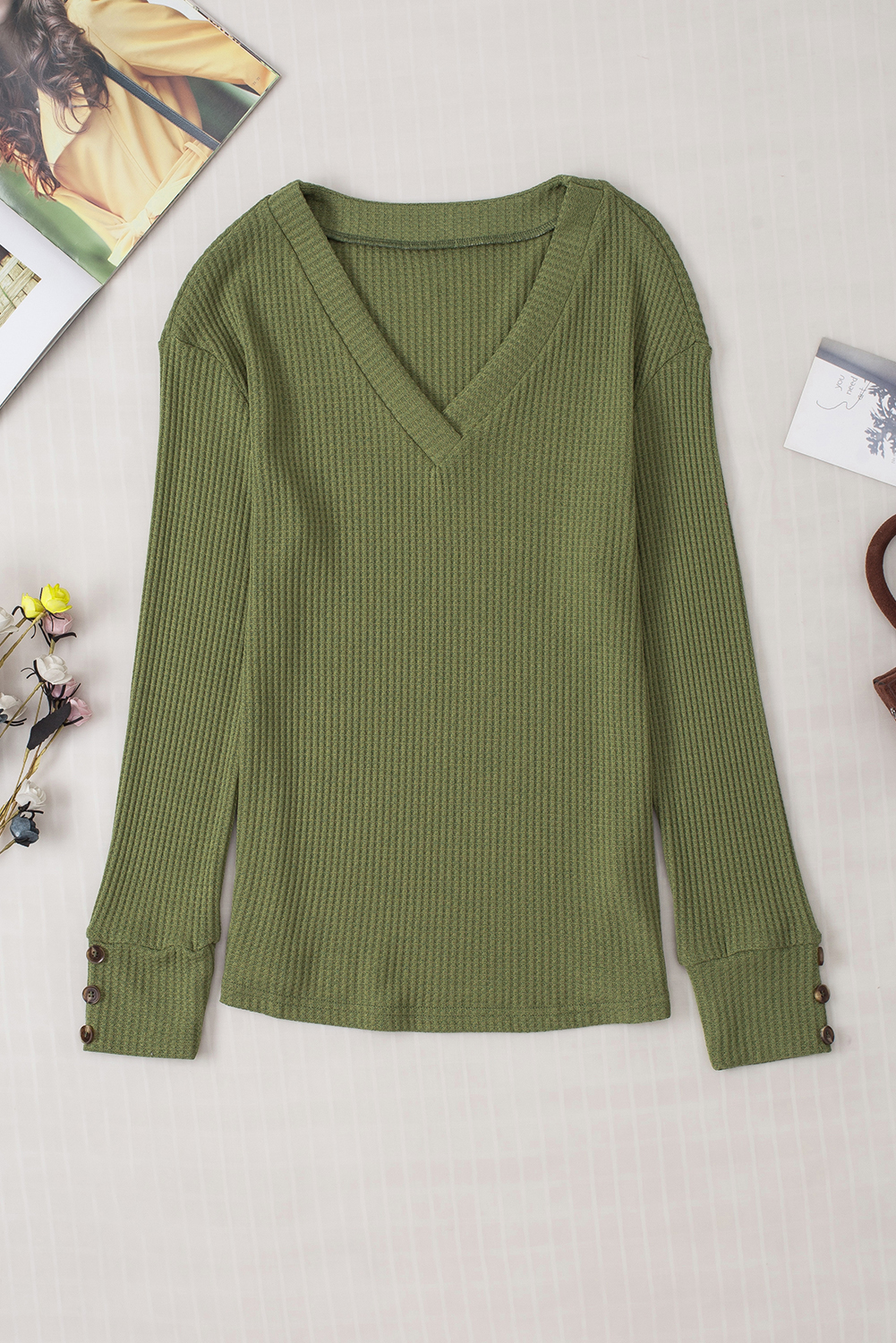 Jungle Green Textured Knit V Neck Button Cuffs Long Sleeve Top - loveforevers