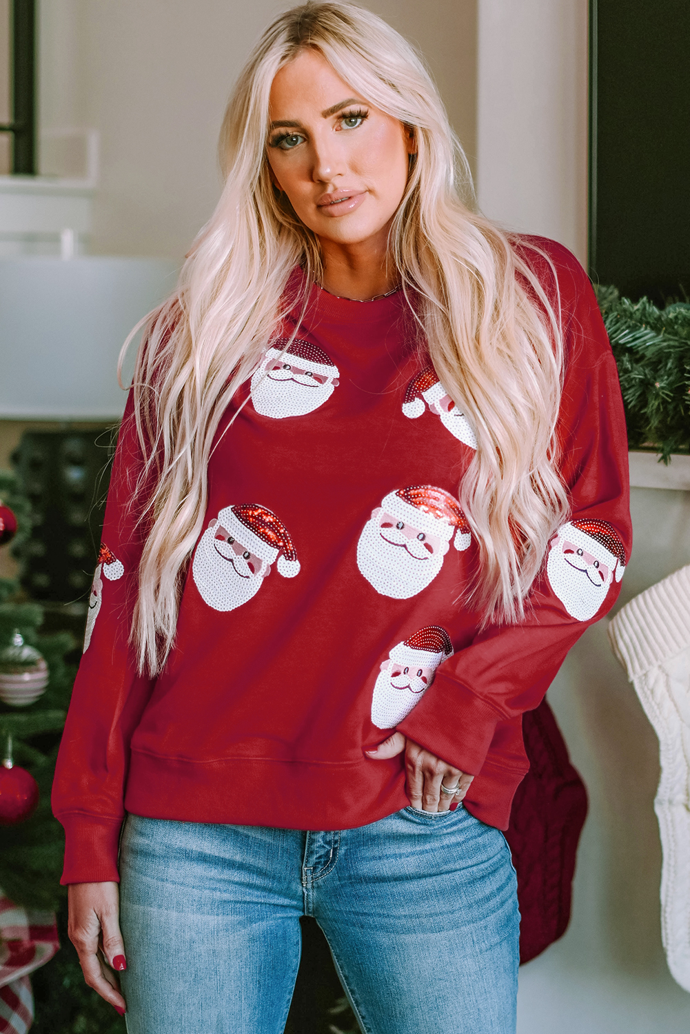 Fiery Red Santa Claus Sequin Graphic Sweatshirt - loveforevers