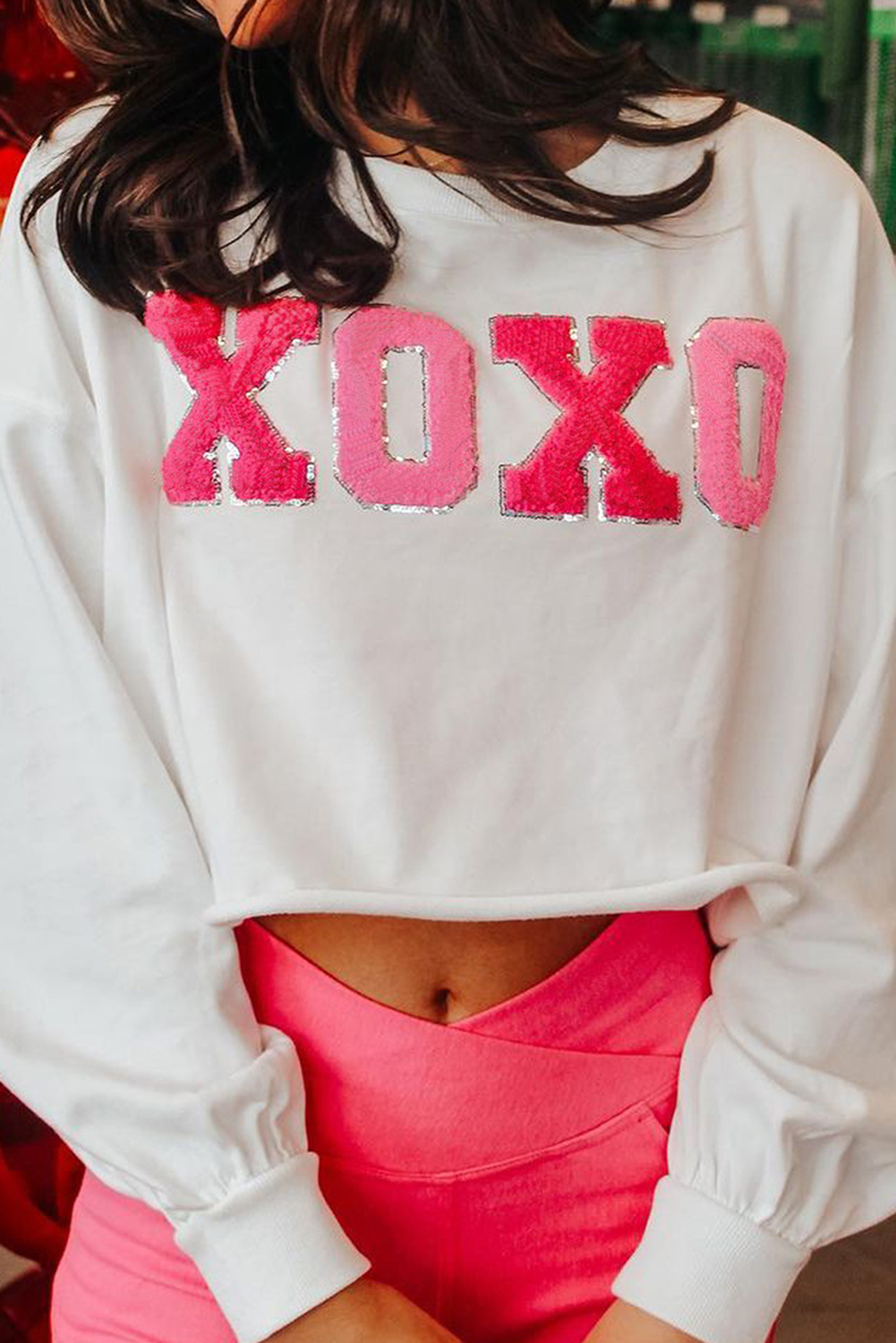 White XOXO Chenille Letter Graphic Valentine Pullover Sweatshirt - loveforevers