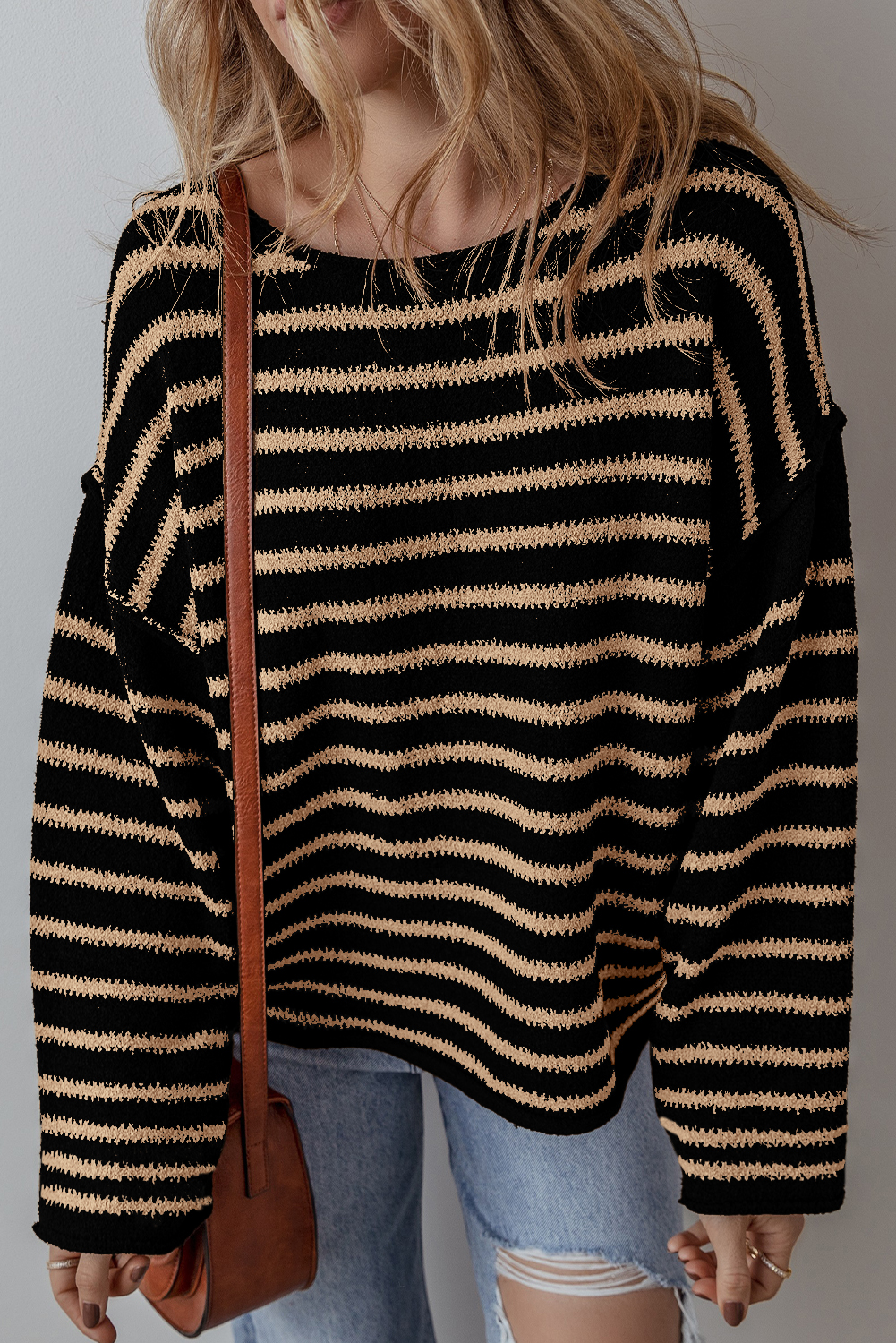 Black Stripe Drop Shoulder Round Neck Loose Sweater - loveforevers