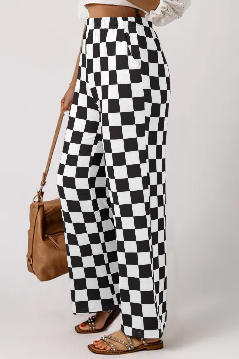 Black 2-Tone Checked Print High Waist Wide Leg Pants - loveforevers