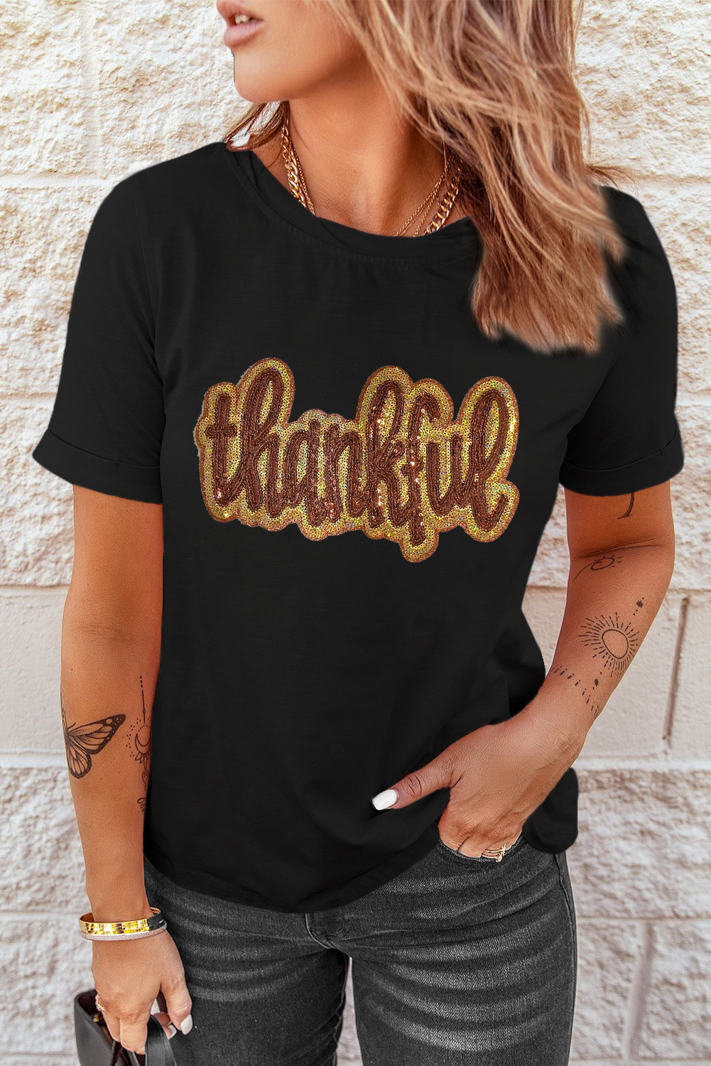 Black Sequined Thankful Round Neck Graphic Tee - loveforevers