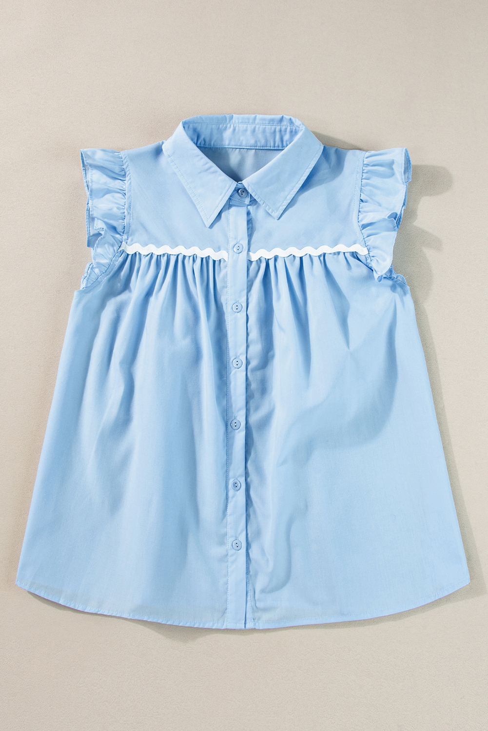 Sky Blue Ric Rac Trim Frilly Sleeveless Shirt - loveforevers