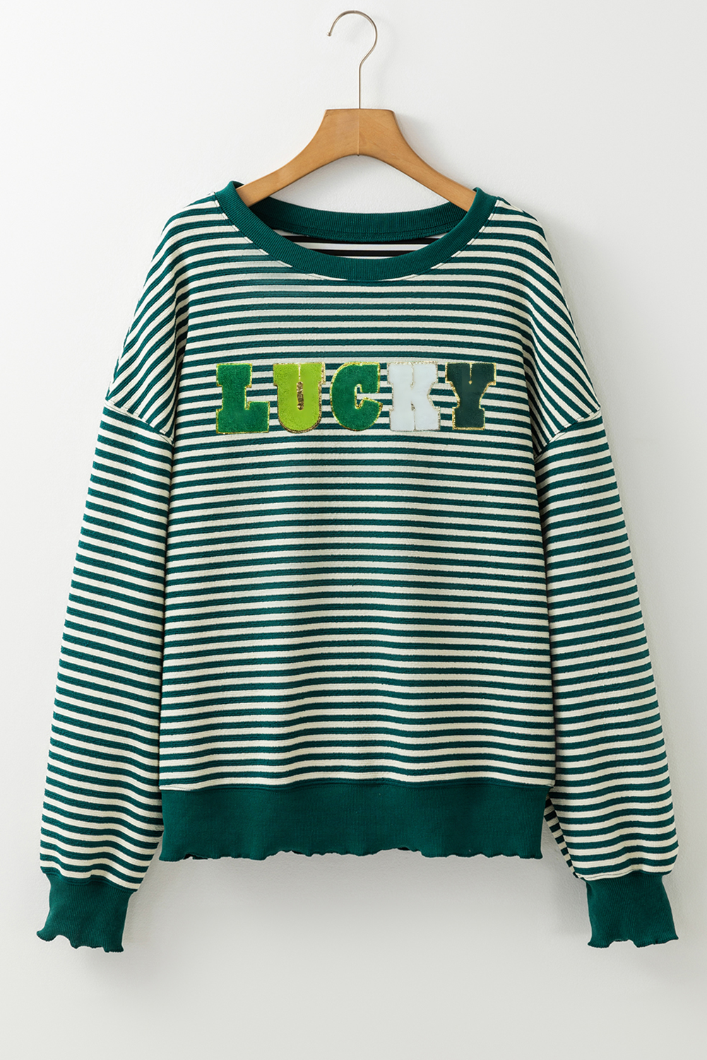 Green Stripe Chenille LUCKY Patched Pattern St Patrick Long Sleeve Top - loveforevers
