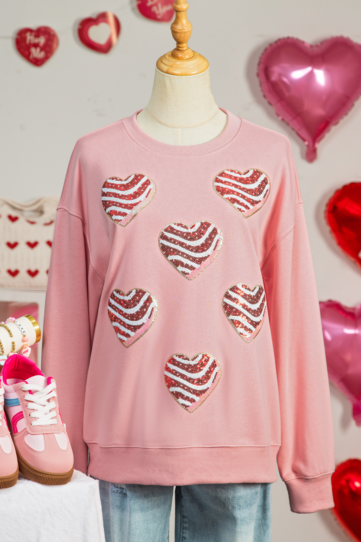 Pink Sequined Valentine Heart Print Round Neck Sweatshirt - loveforevers