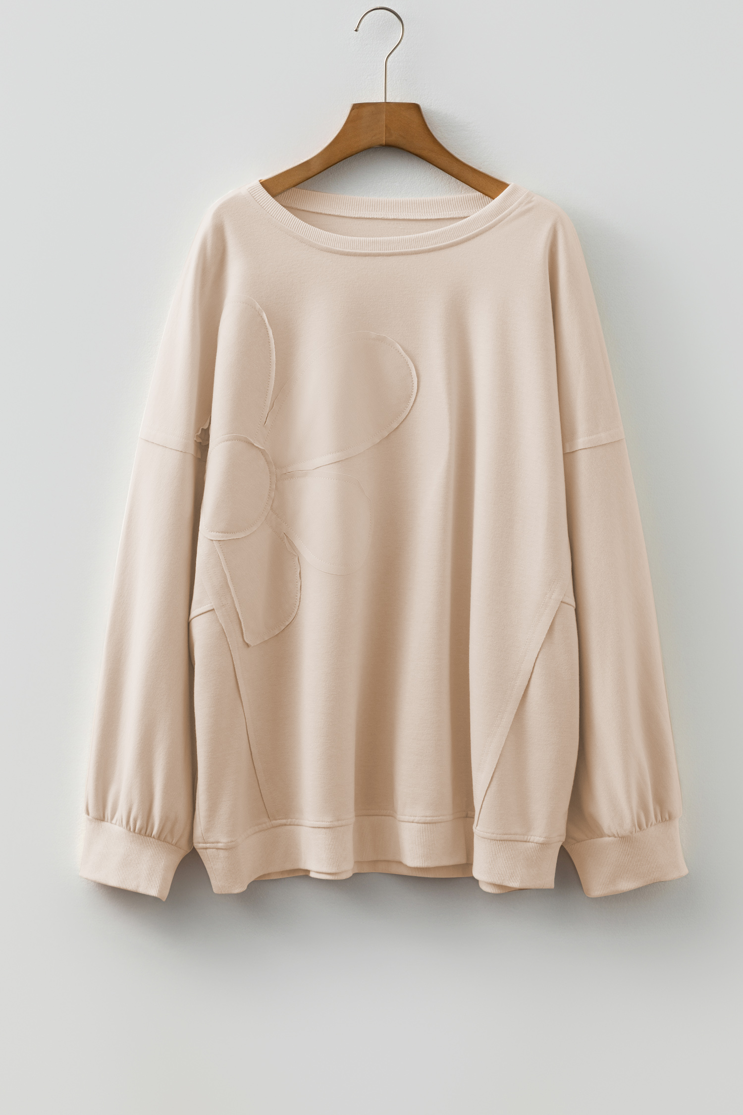 Beige Raw Edge Flower Patch Drop Shoulder Casual Top - loveforevers