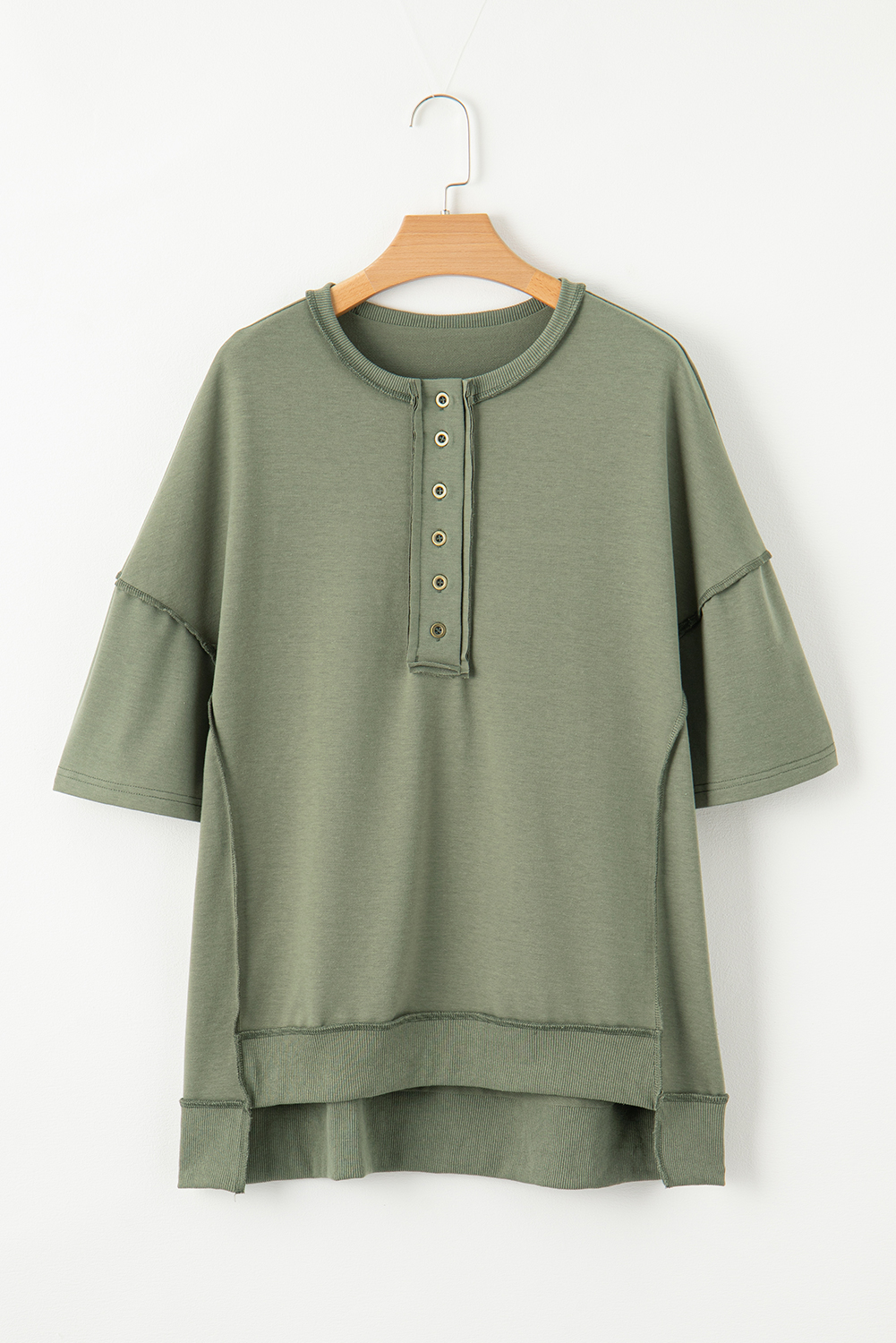 Jungle Green Exposed Seam Button Neck Wide Sleeve Tunic Top - loveforevers