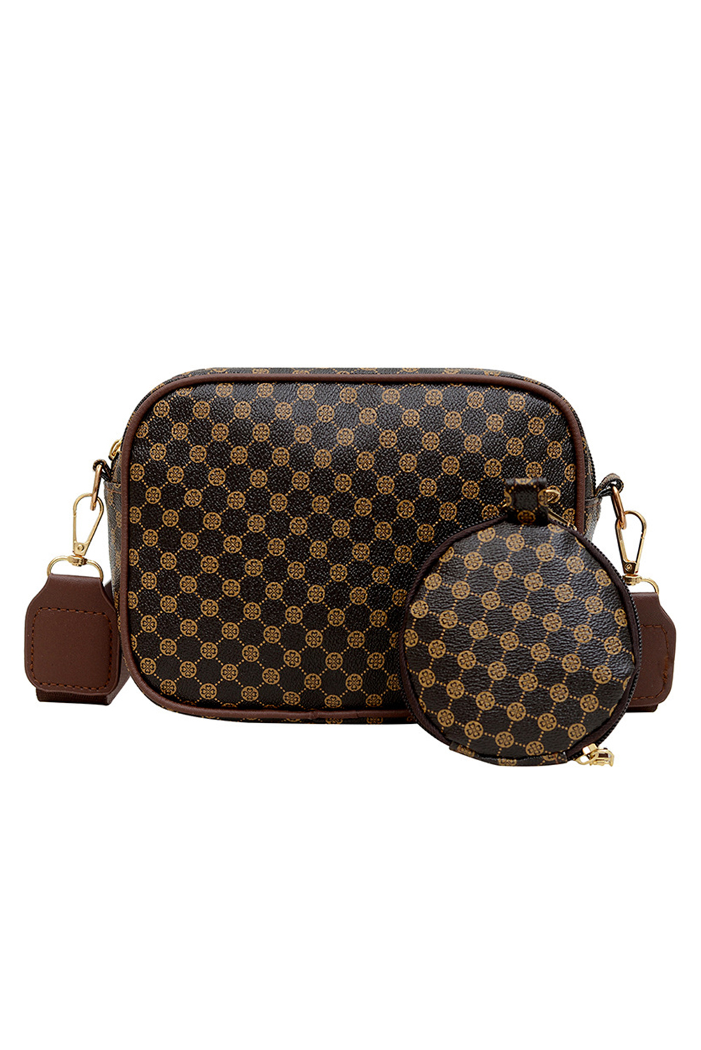 Coffee Checkered Print PU Leather Shoulder Bag with Coin Wallet - loveforevers