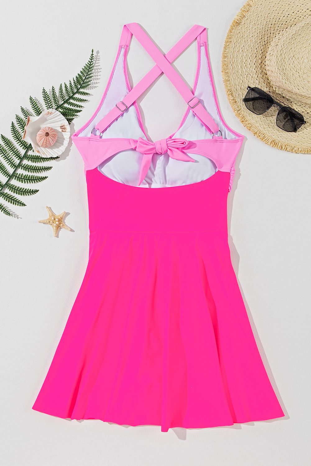 Rose Red Crisscross Straps Tie Back Flared One Piece Swimsuit - loveforevers