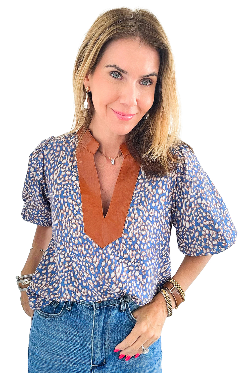 Ashleigh Blue Leopard Print Spot Contrast V Neck Half Puff Sleeve Shirt - loveforevers
