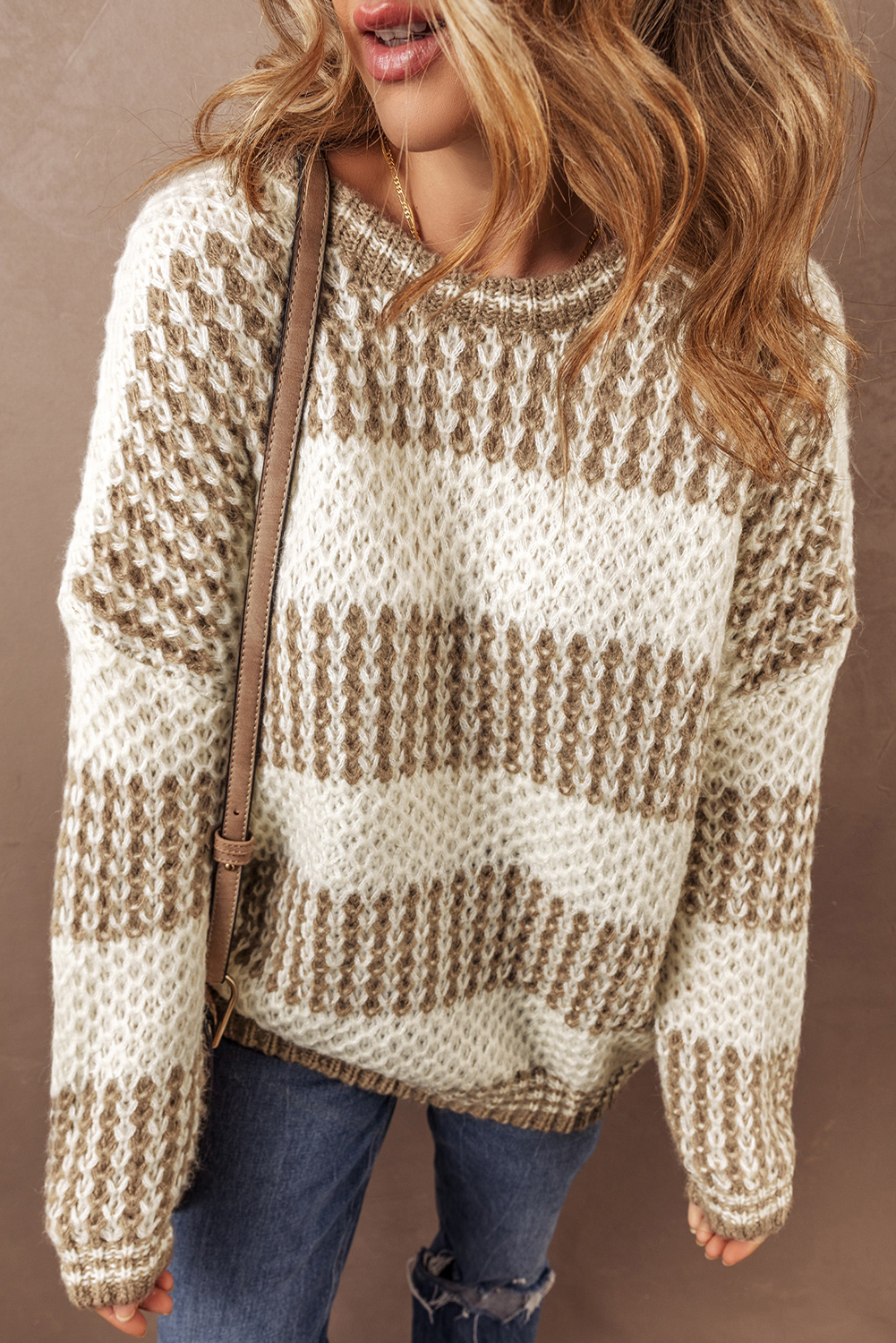 Brown Stripe Drop Shoulder Round Neck Loose Sweater - loveforevers