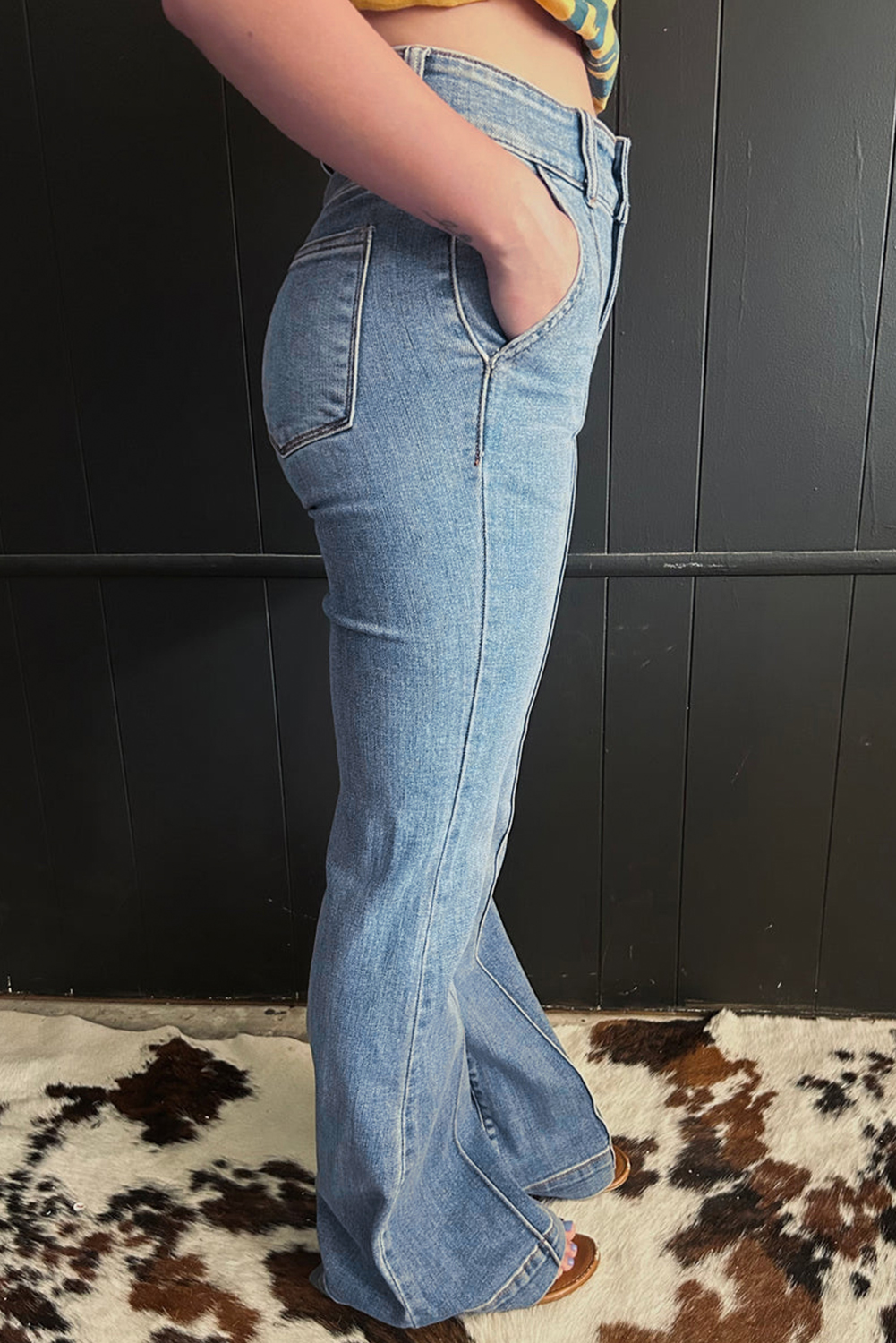 Dusk Blue 2 Button High Waist Piping Trim Bootcut Jeans - loveforevers