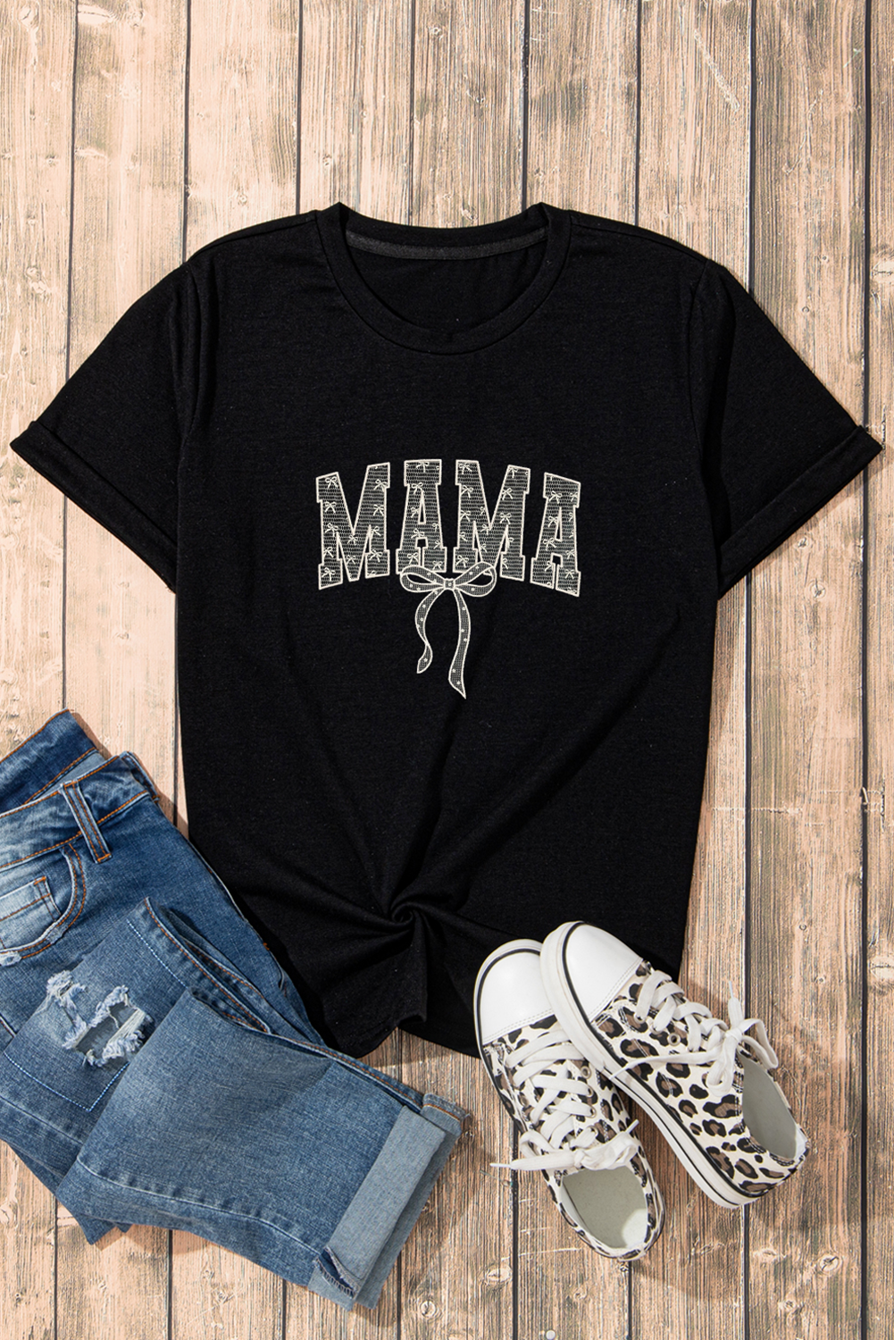 Black Bowknot MAMA Embroidered Crewneck Mothers Day T Shirt - loveforevers