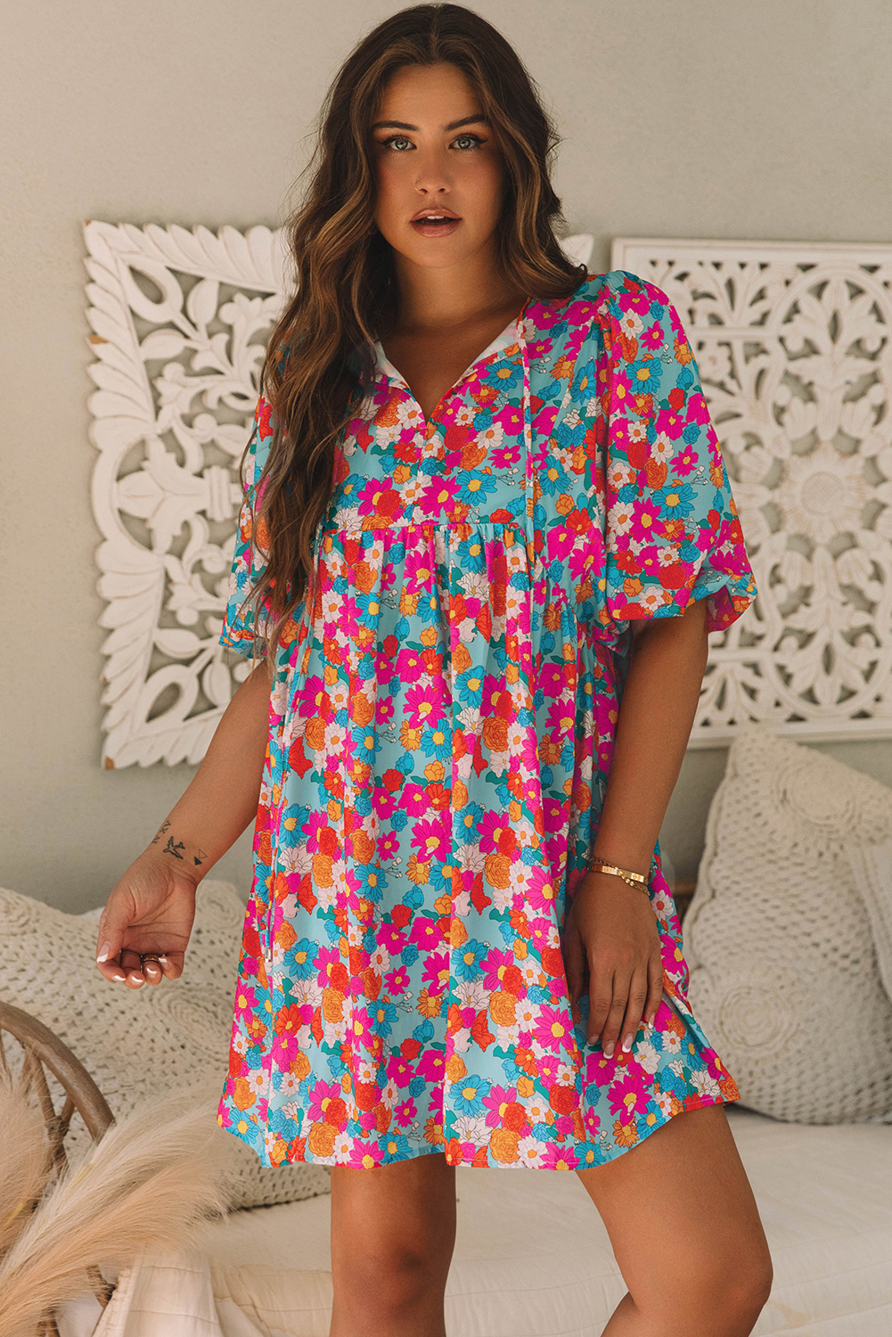 Sky Blue Floral Print Tie Split Neck Bubble Sleeve Babydoll Dress - loveforevers