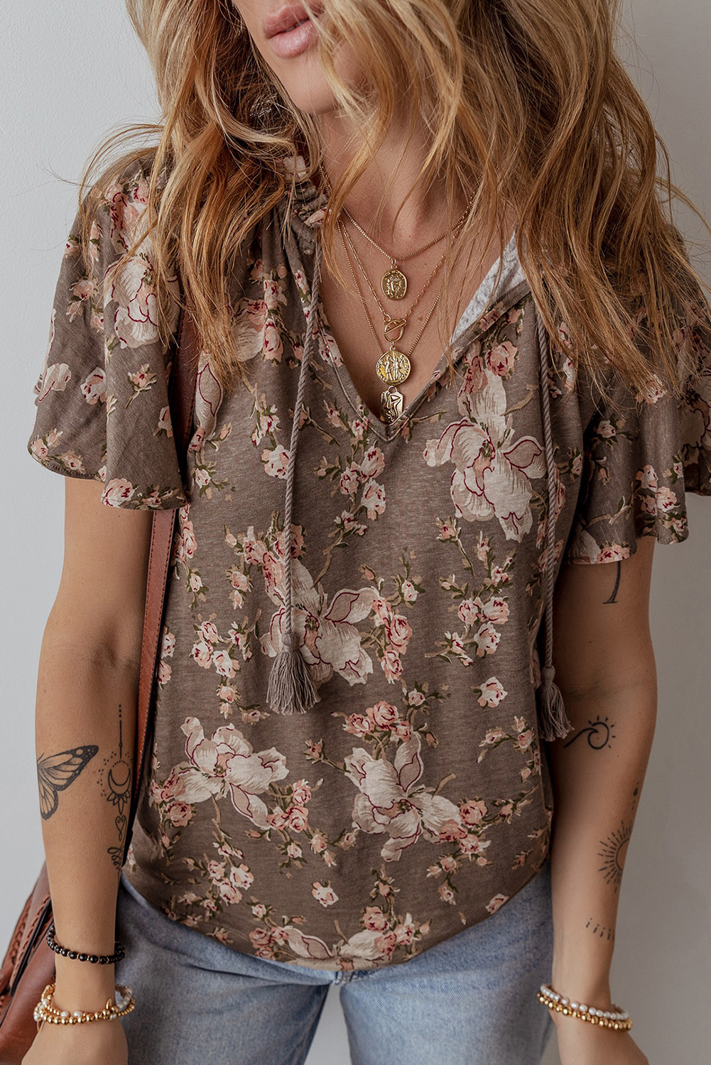 Khaki Retro Floral Print Tassel Tie Split Neck Short Sleeve Blouse - loveforevers