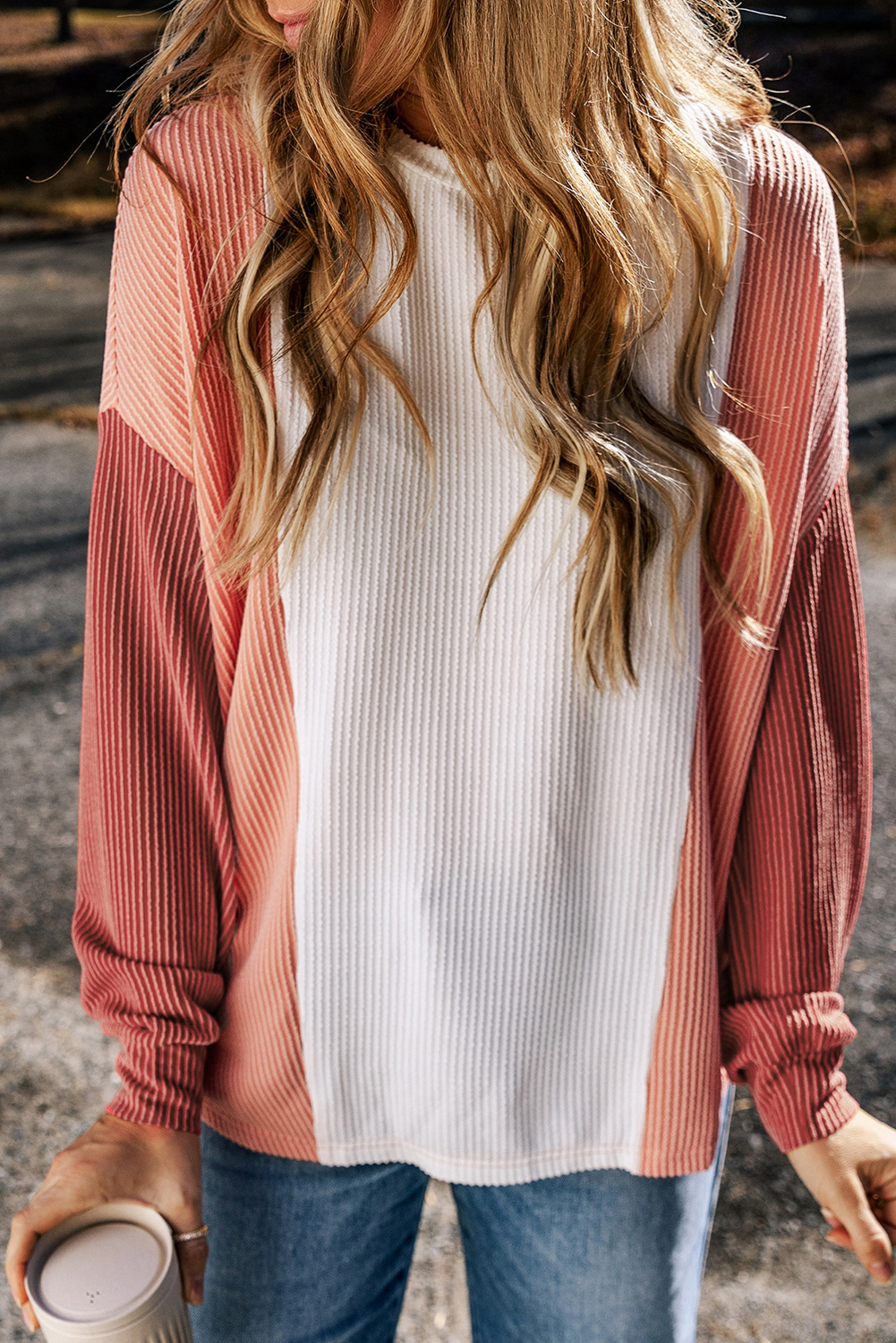 Pale Chestnut Color Block Corded Long Sleeve Top - loveforevers
