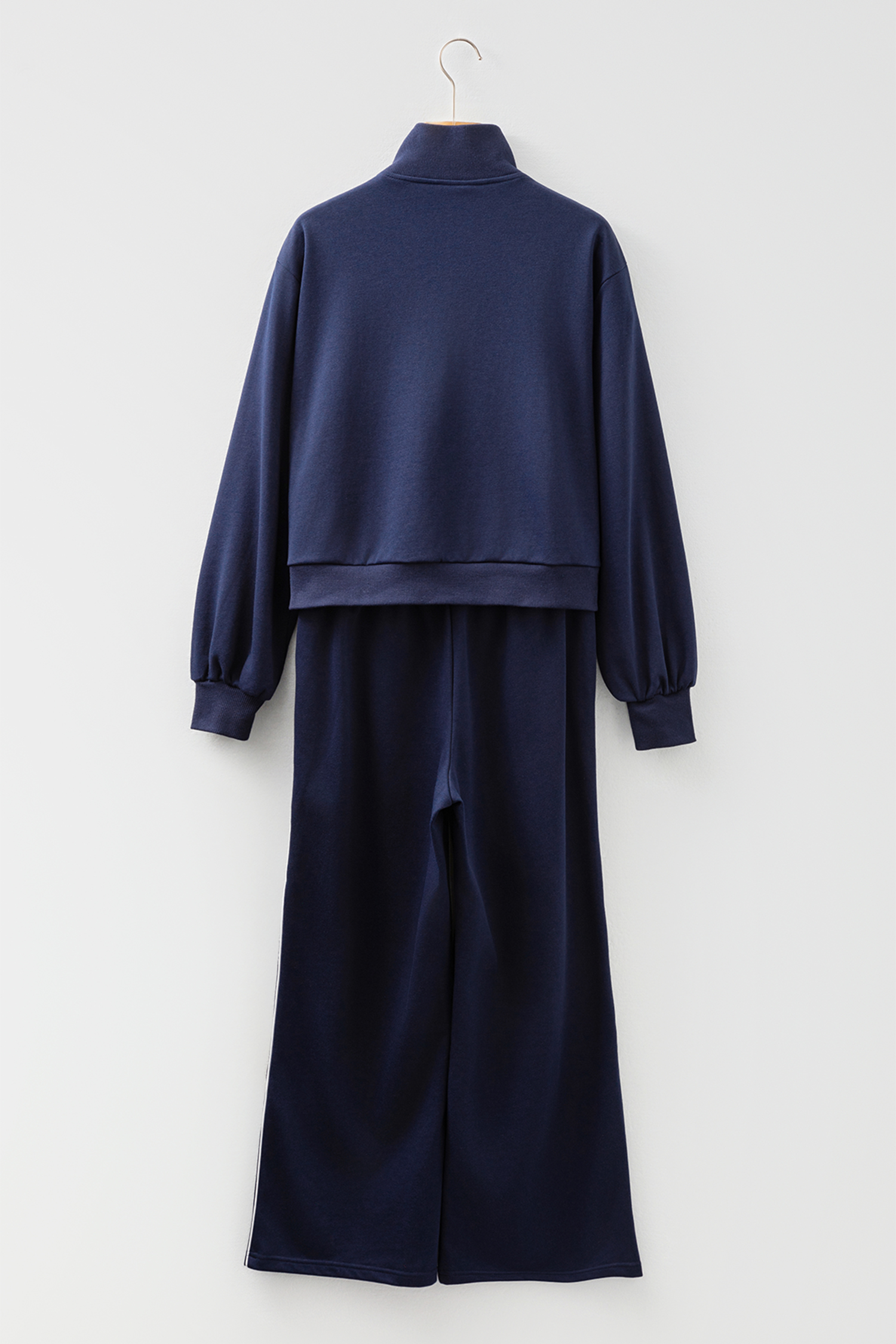 Navy Blue Contrast Piping Zipped Pullover Cropped Pants Set - loveforevers