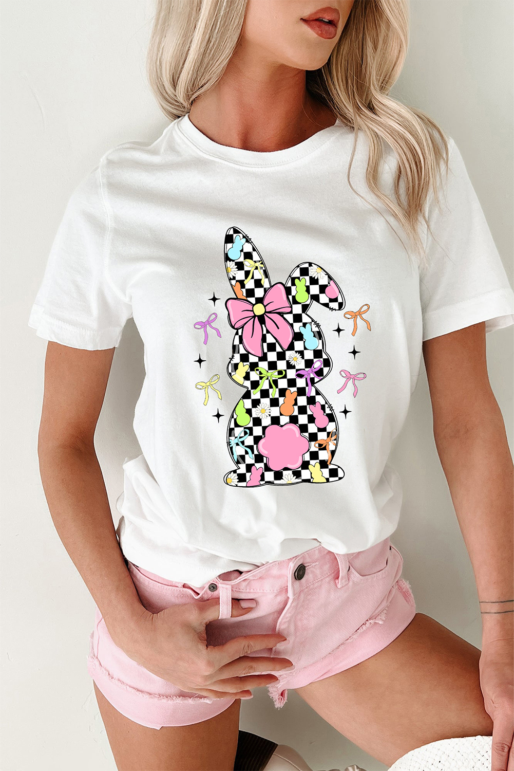 White Bowknot Checkerboard Bunny Graphic Easter T Shirt - loveforevers