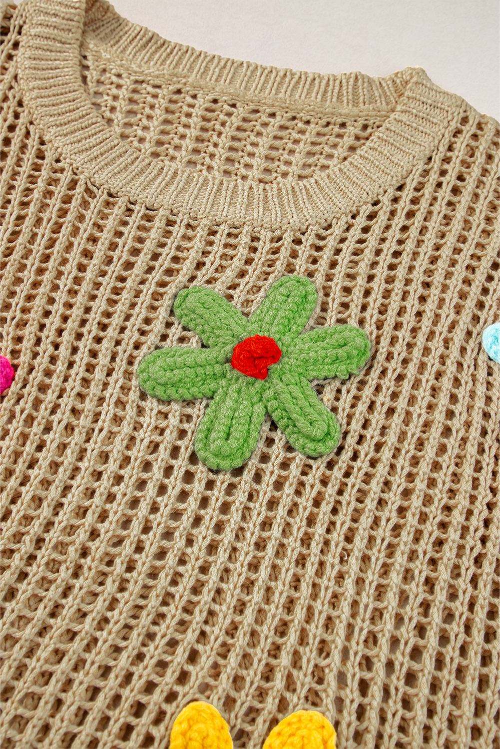 Light French Beige Crochet Flower Hollow-out Sweater T Shirt - loveforevers
