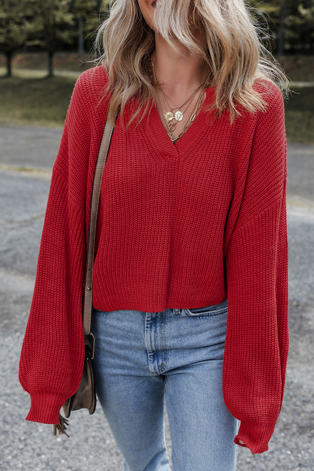 Racing Red Solid Textured Knit V Neck Drop Shoulder Sweater - loveforevers