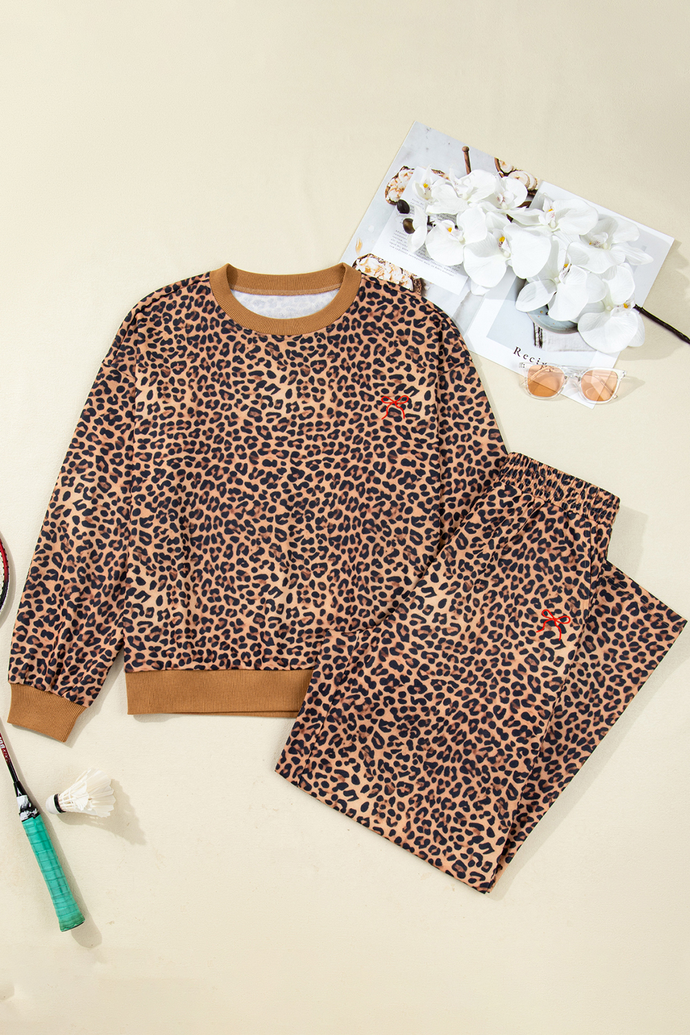 Khaki Leopard Pullover and Pants 2pcs Outfit with Bow Embroidery - loveforevers