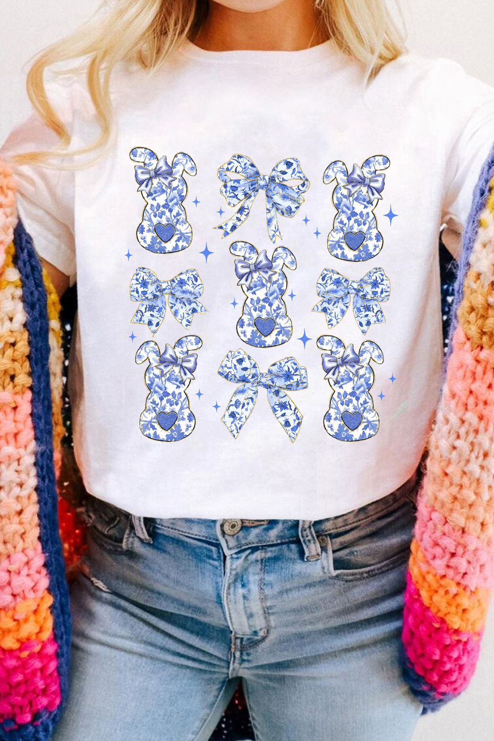 White Bowknot Bunny Graphic Easter Fashion T Shirt - loveforevers