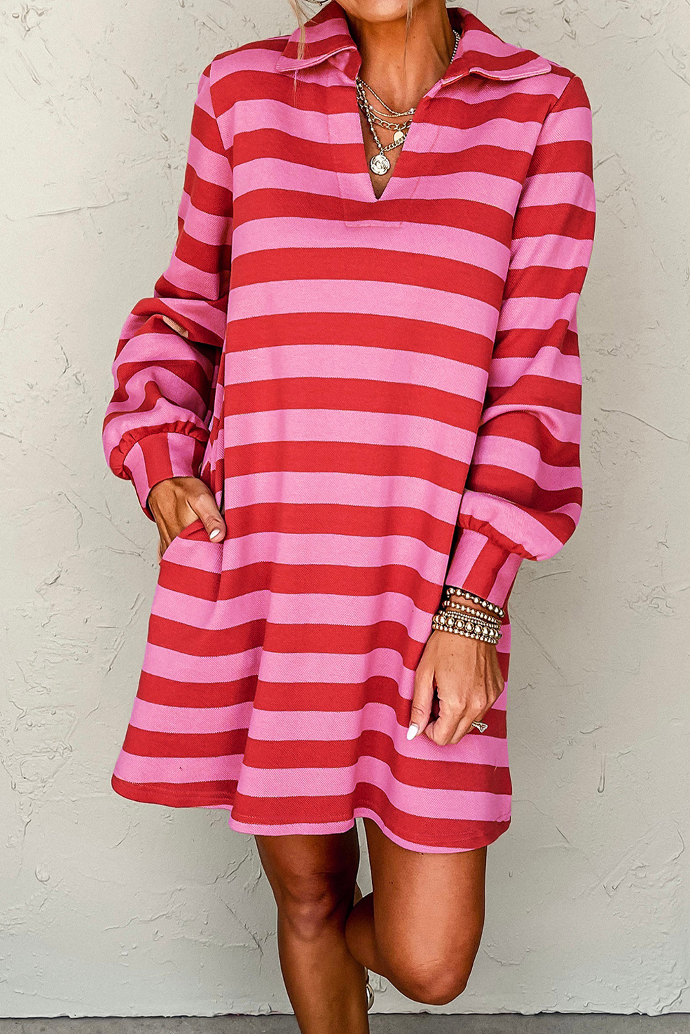 Black Stripe Polo Neck Shift Fit Sweatshirt Dress with Side Pockets - loveforevers
