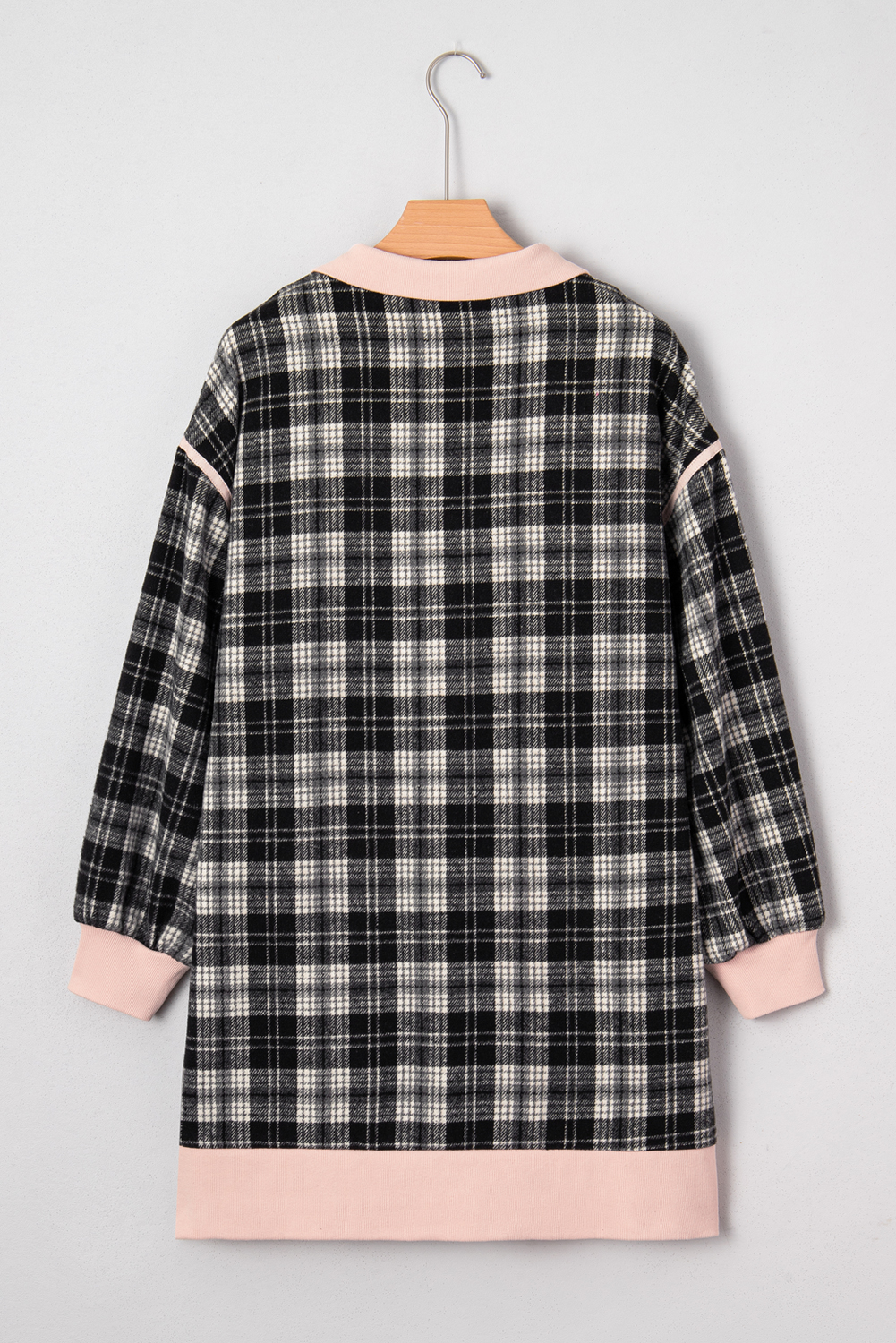 Black Plaid Polo Collar Zip up Contrast Trim Shift Long Sleeve Mini Dress - loveforevers