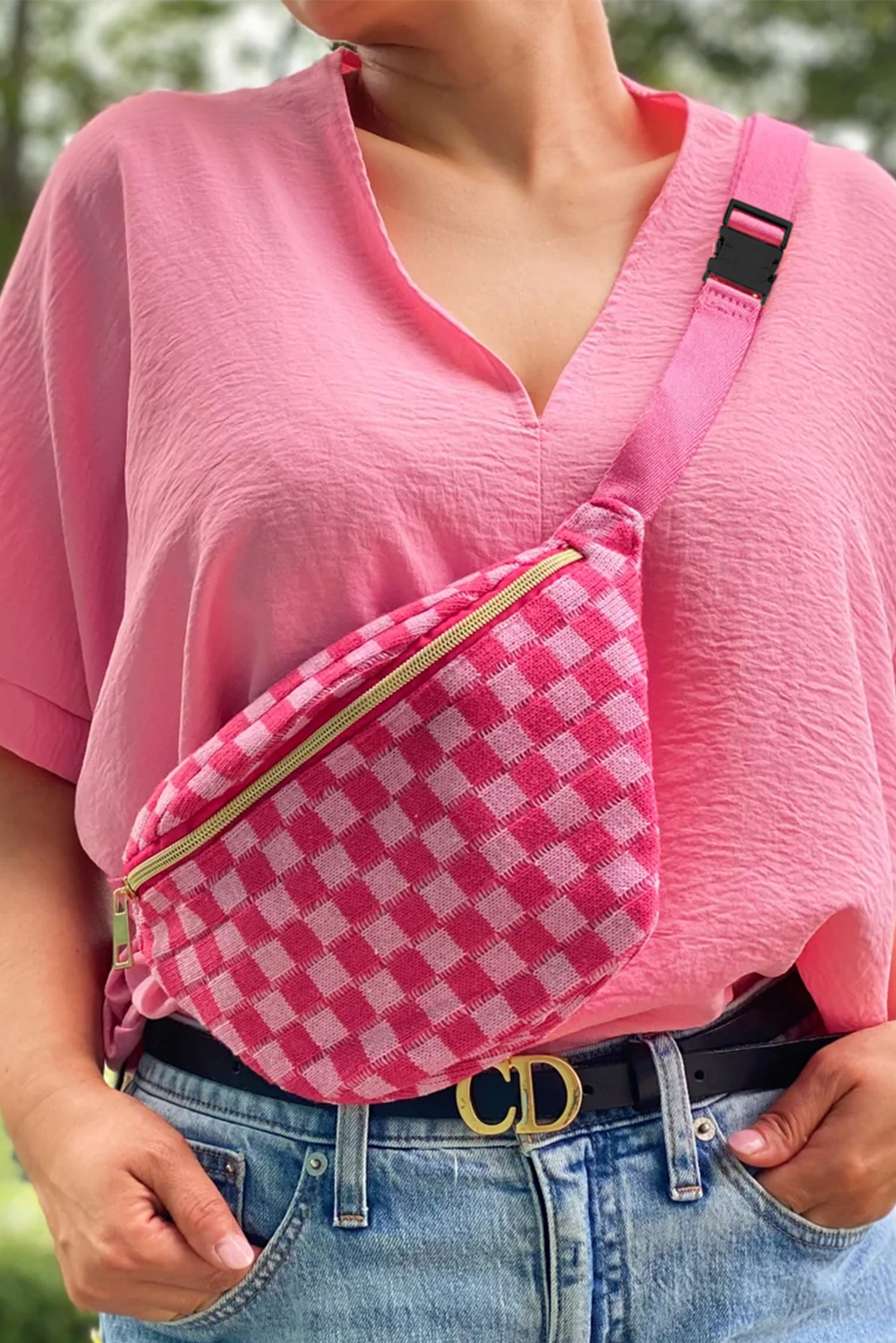 Rose Red Checkered Pattern Crossbody Sling Bag - loveforevers