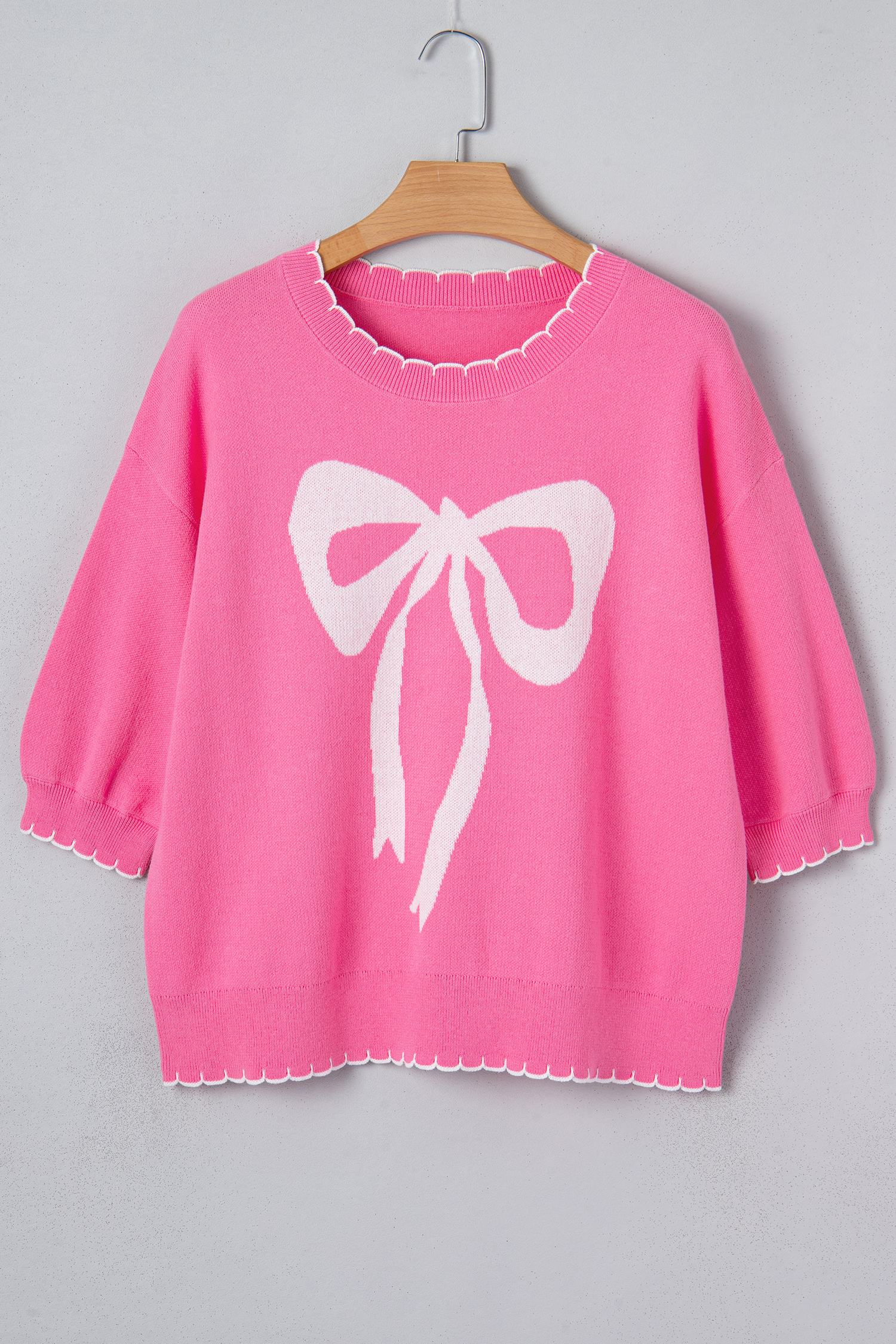 Sachet Pink Big Ribbon Bow Print Contrast Stitch Trim Drop Shoulder Sweater - loveforevers
