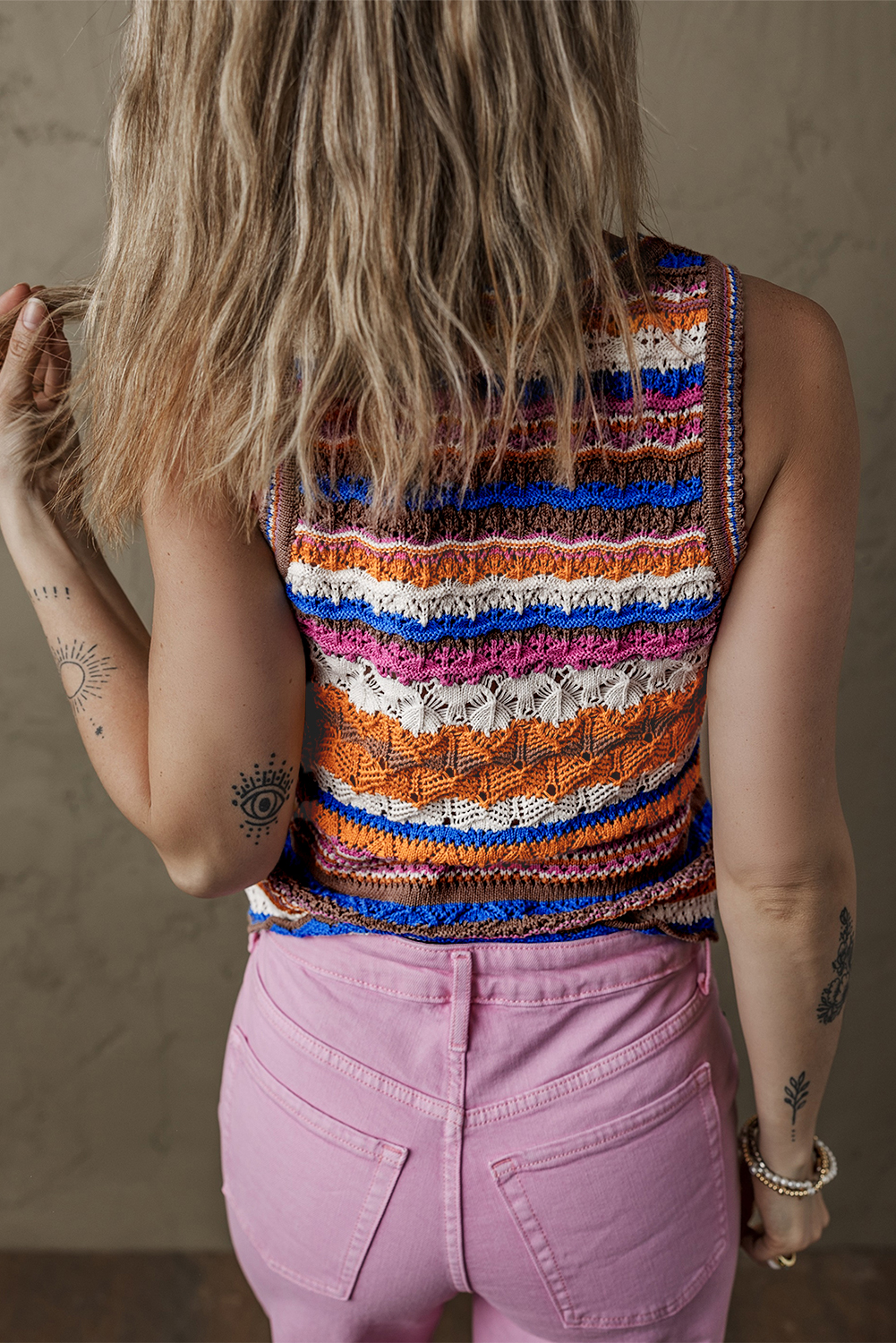 Dark Blue Striped Textured Knit Crew Neck Sweater Vest - loveforevers