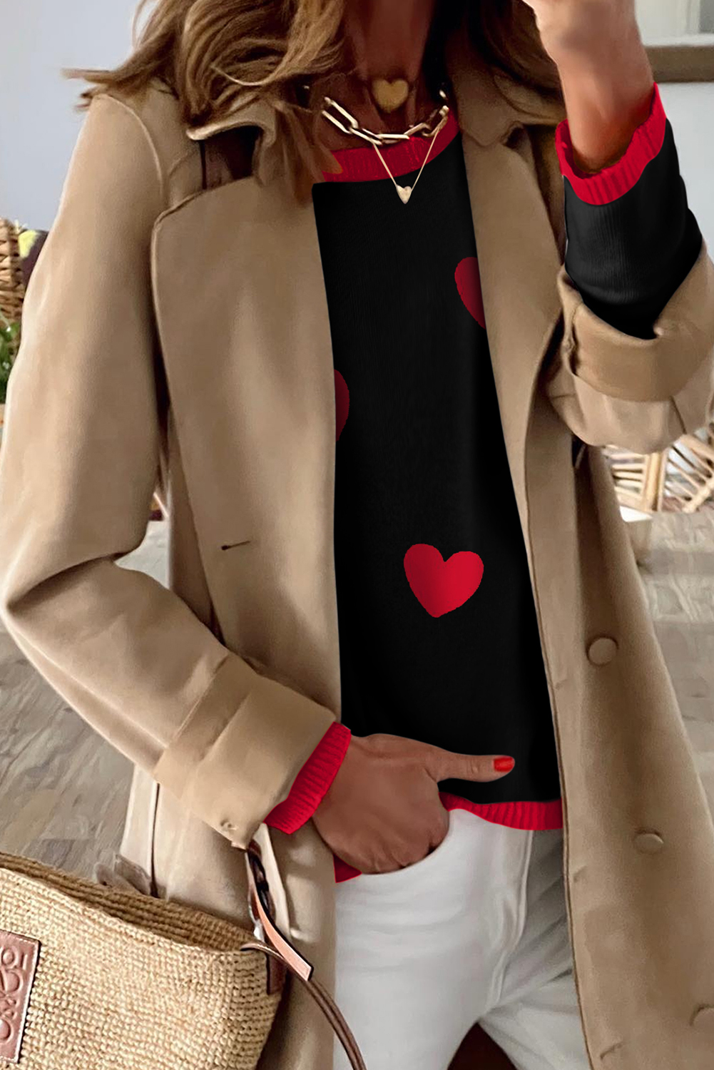 Black white Heart Print Contrast Trim Drop Shoulder Sweater - loveforevers