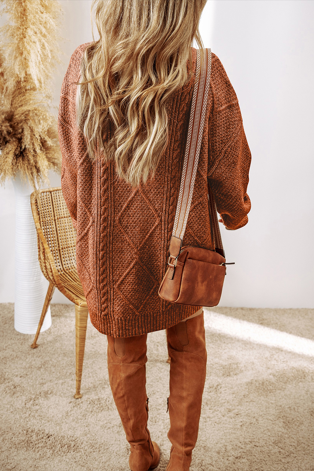 Parchment Cable Knit Drop Shoulder Loose Fit Sweater Dress - loveforevers