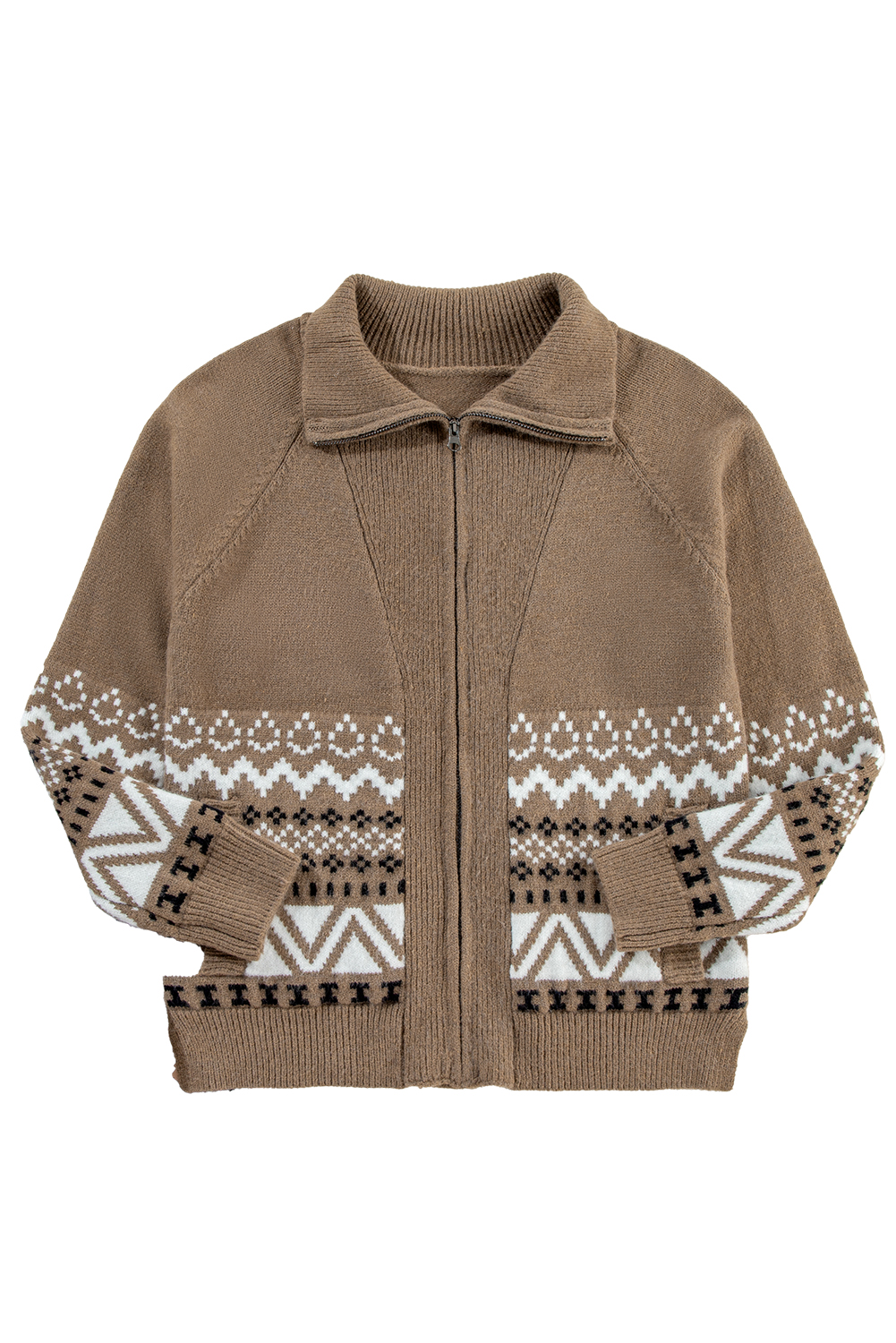 Brown Western Printed Ribbed Trim Collared Zip up Cardigan - loveforevers