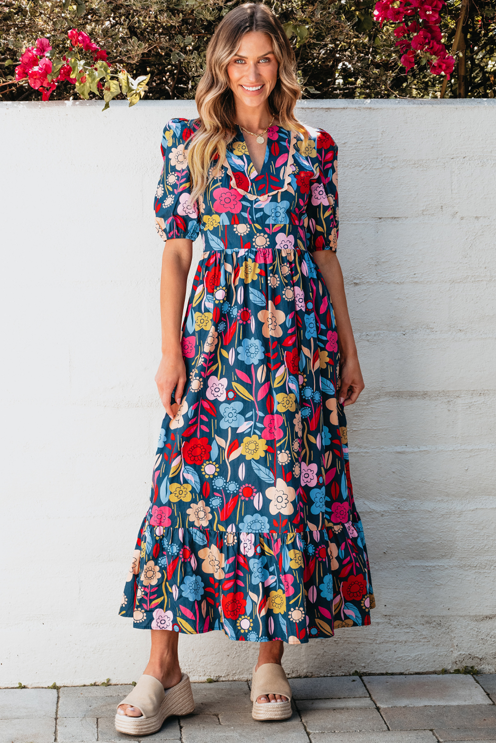 Green Retro Floral Printed Split Neck Maxi Dress - loveforevers